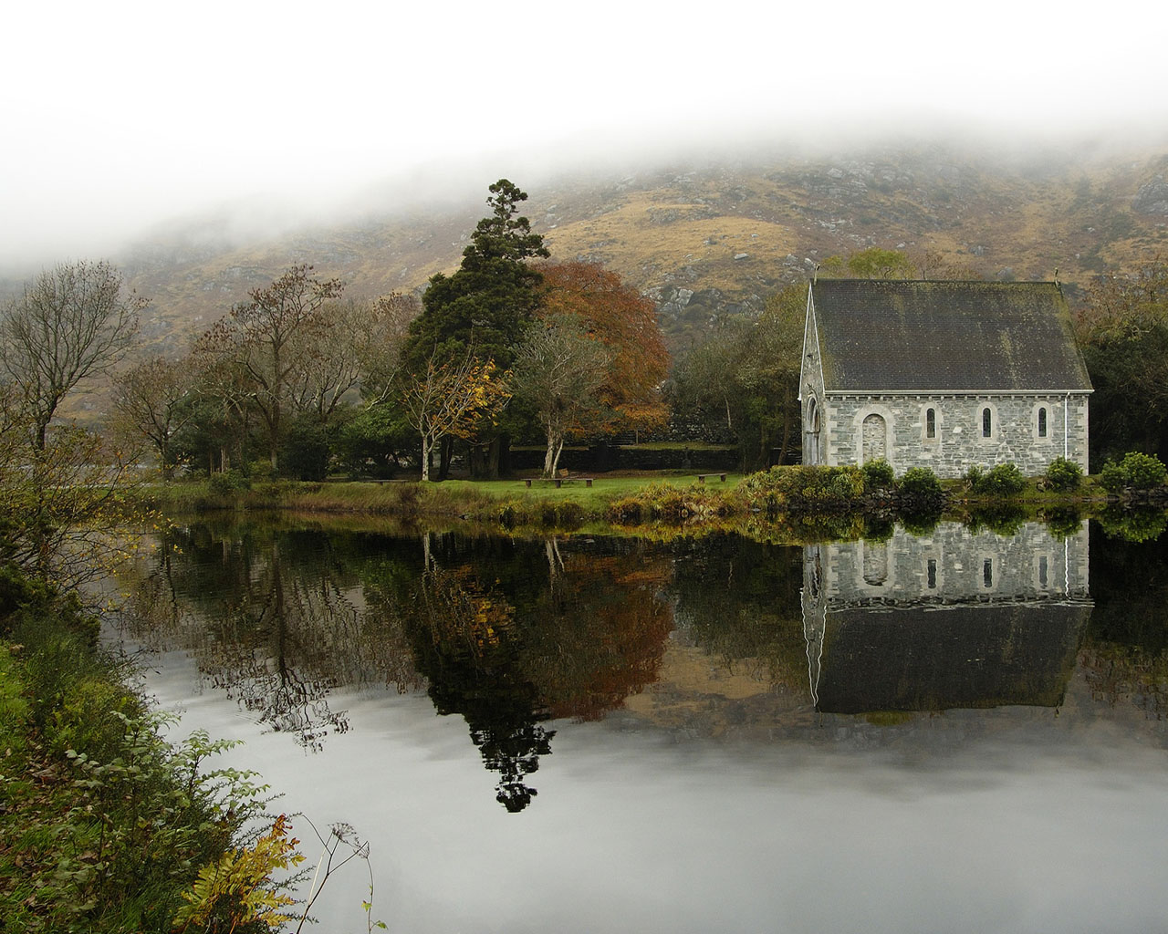 landscape, church, photography, lake Screen Wallpaper