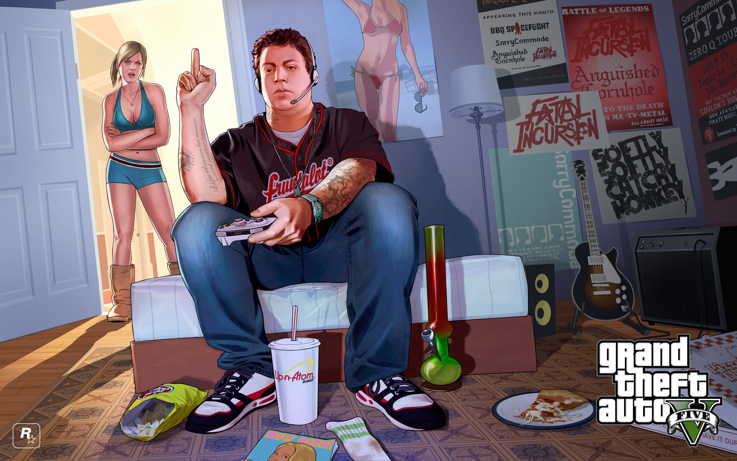 video game, grand theft auto v, blonde, boots, brown hair, drink, food, jimmy de santa, shorts, sneakers, tattoo, tracey de santa, grand theft auto phone background