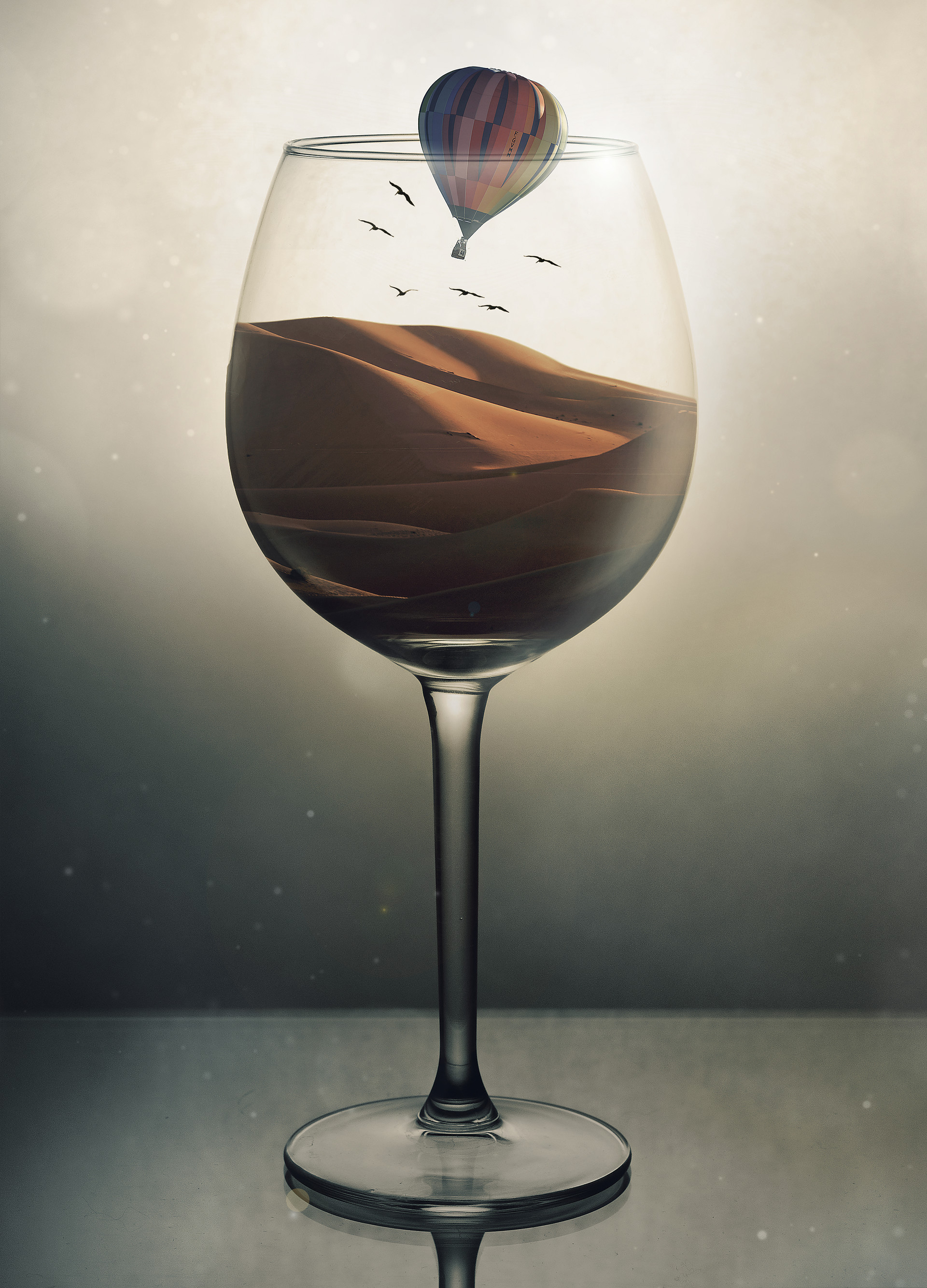156994 download wallpaper miscellanea, birds, sand, desert, miscellaneous, balloon, illusion, wineglass, goblet screensavers and pictures for free