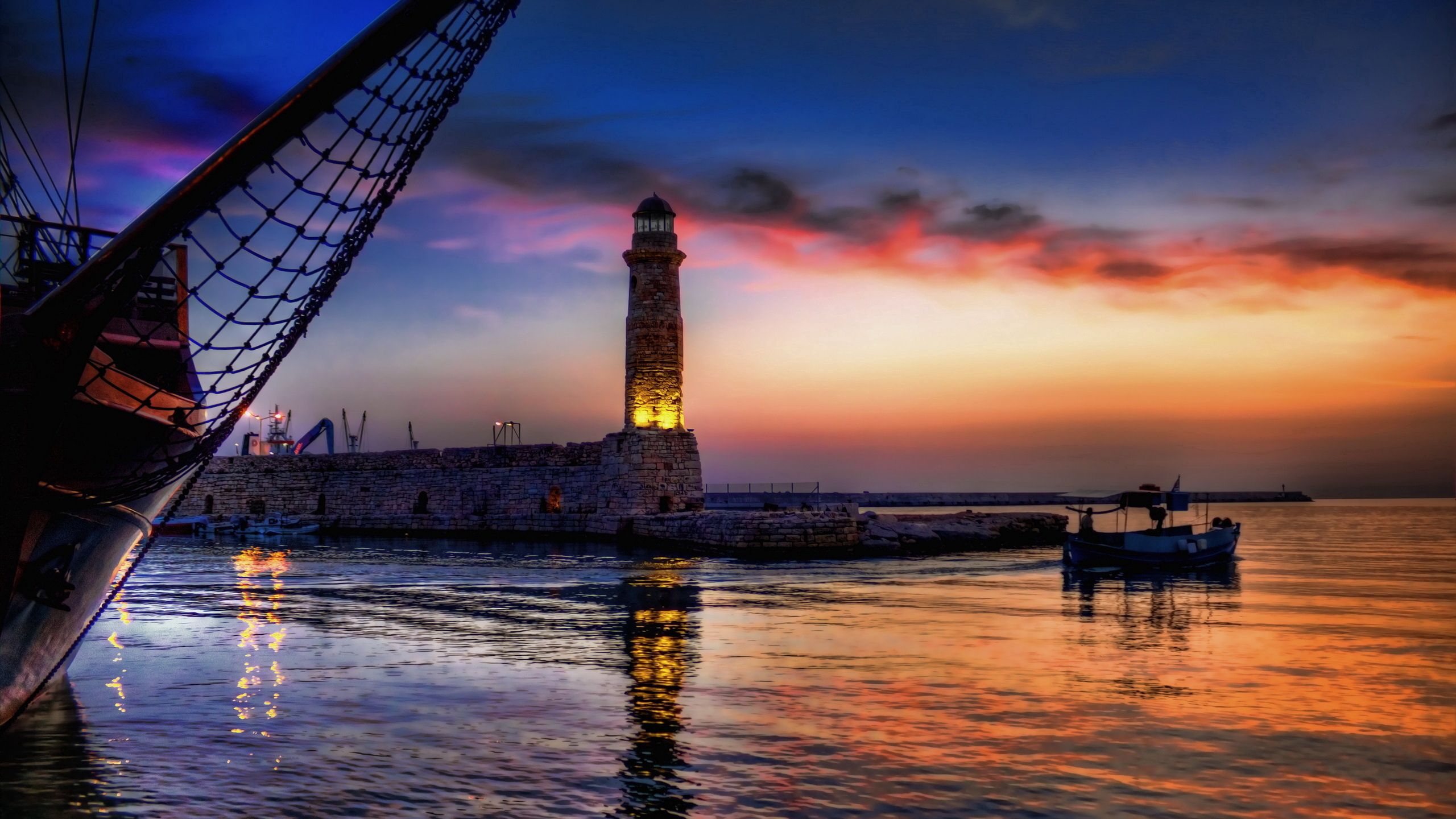 boat, nature, night, shine, light, lighthouse, net