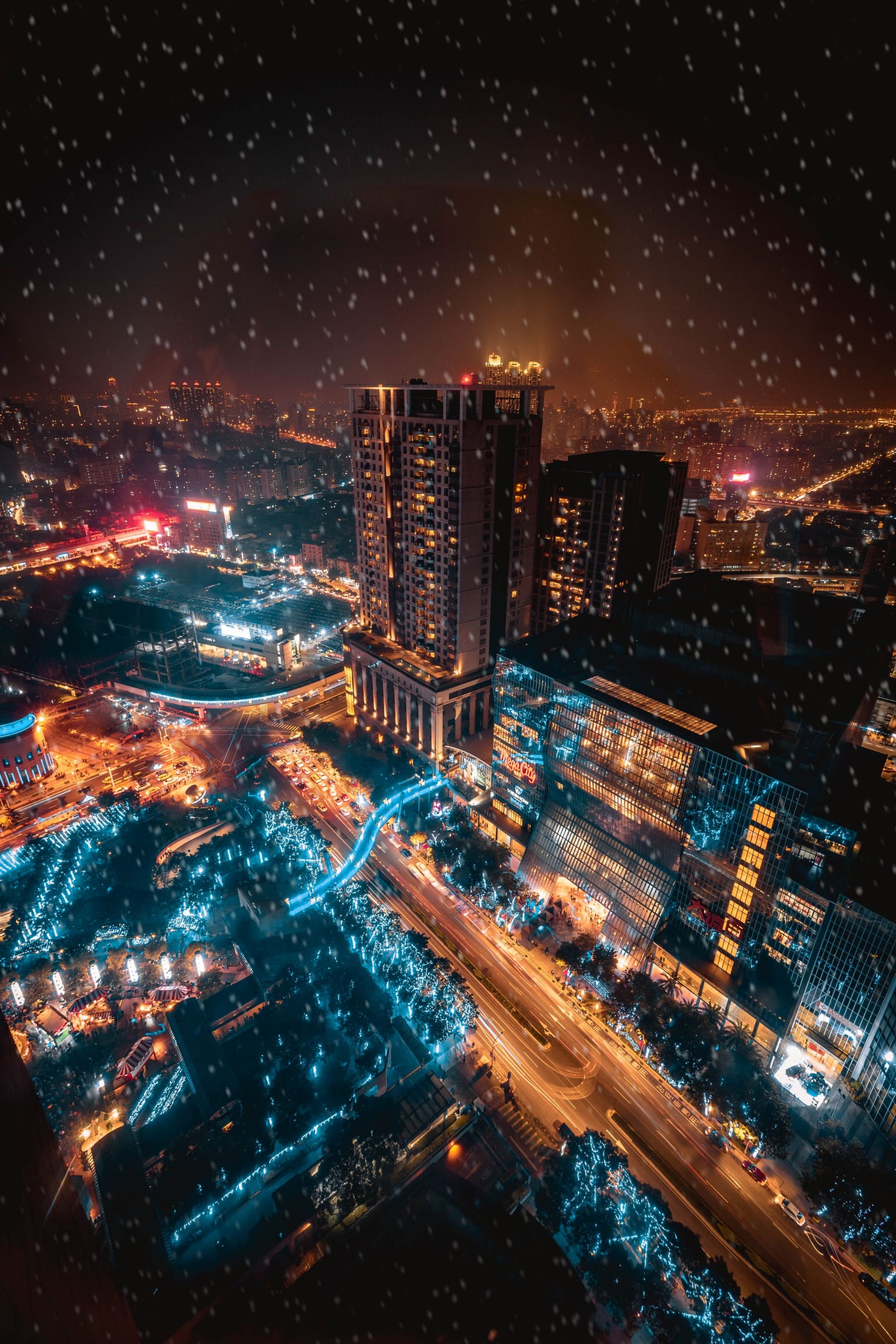 snowfall, night city, cities, city lights, taiwan, taipei Smartphone Background