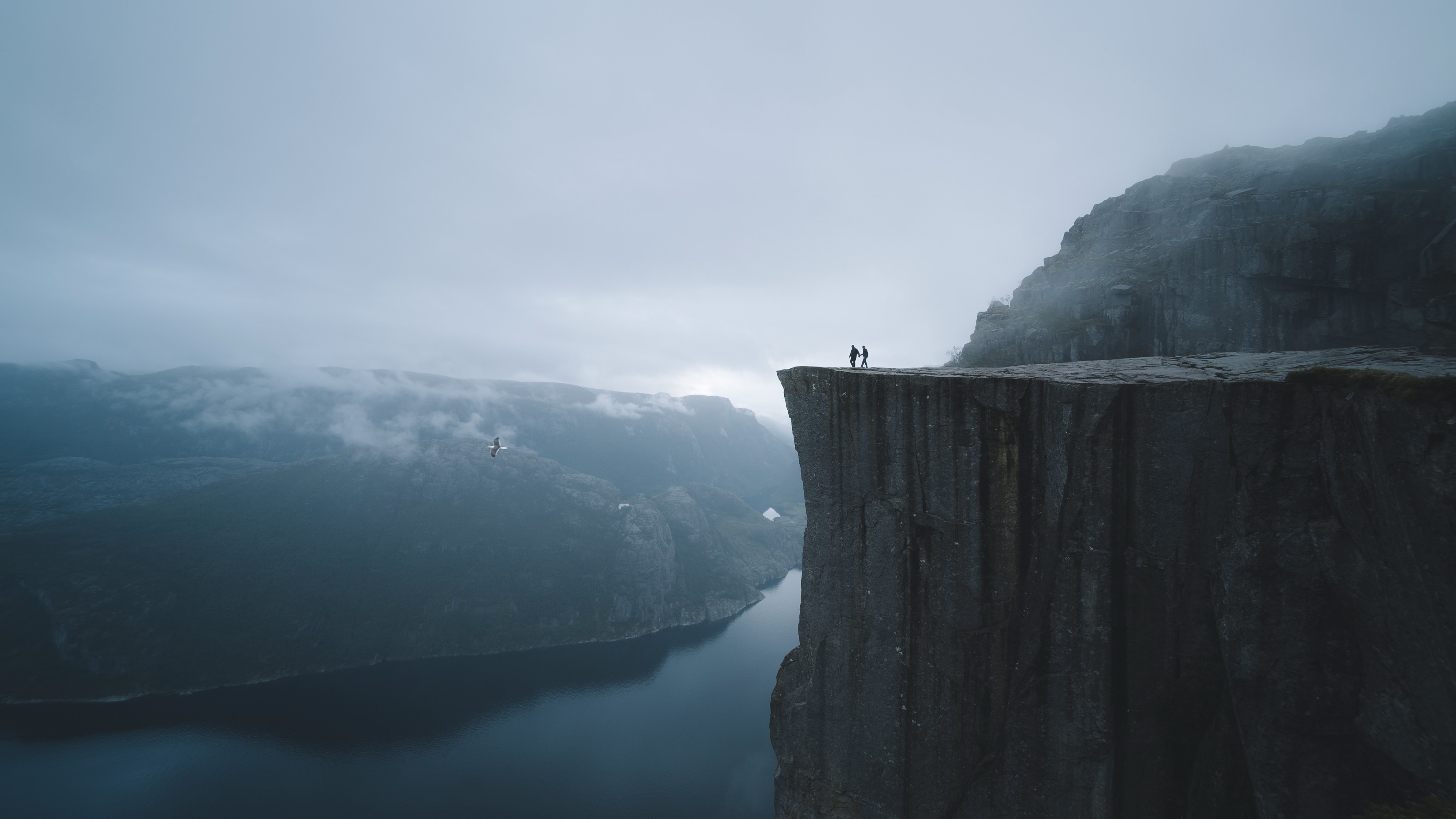 precipice, silhouettes, nature, lake, fog, break, cliff