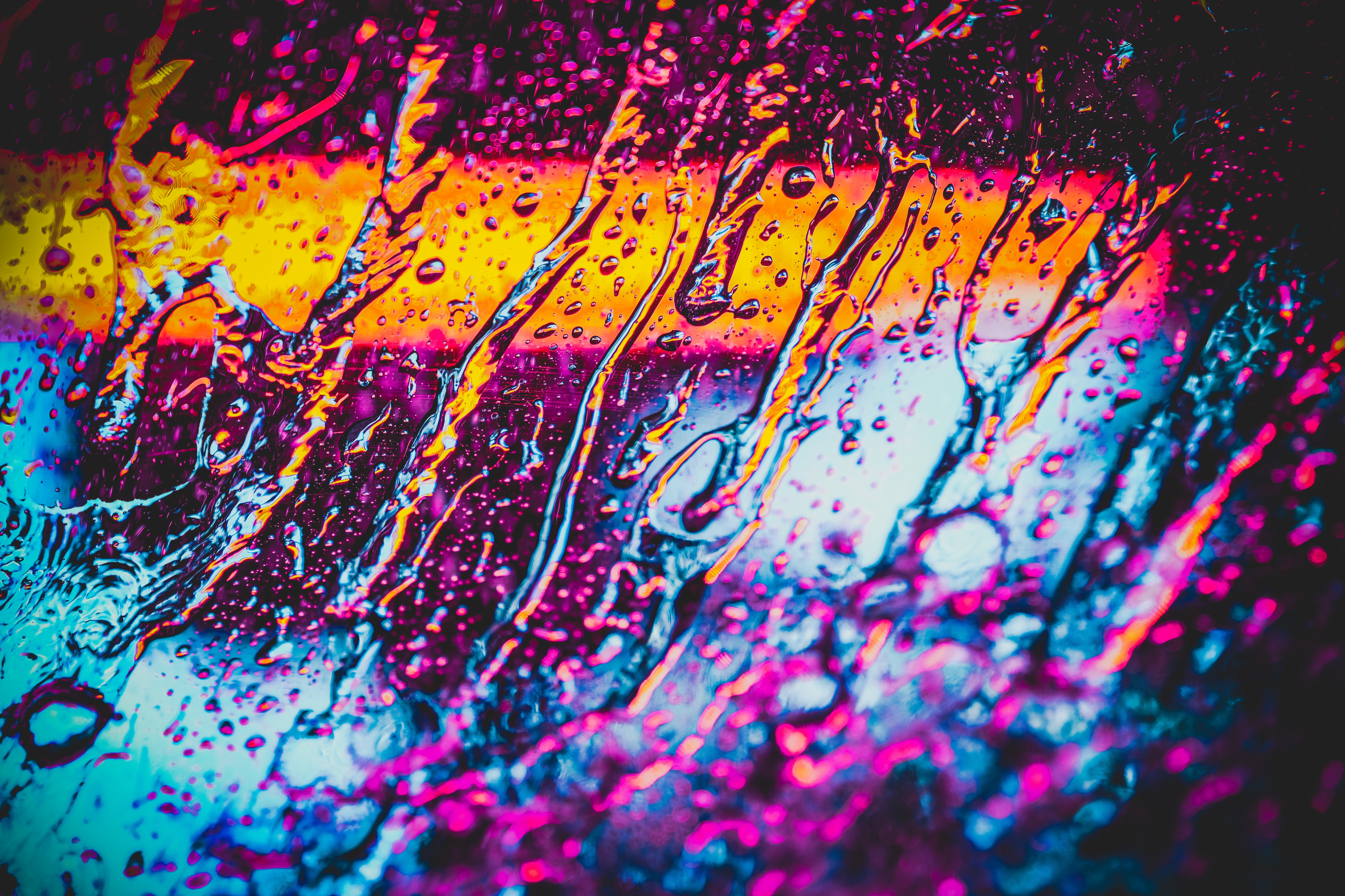 neon, water, rain, macro, glass