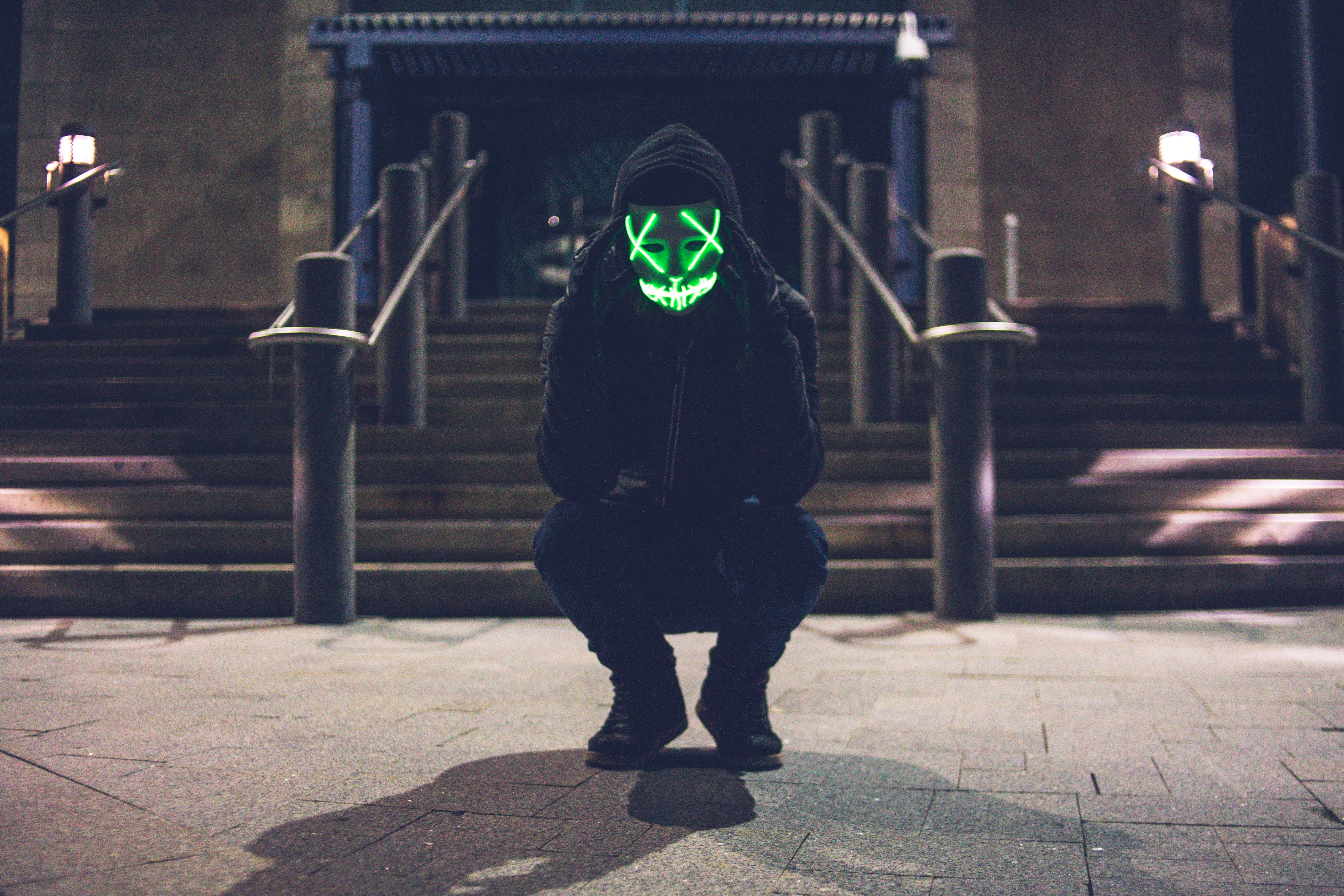green, miscellanea, miscellaneous, glow, mask, human, person, anonymous, hood iphone wallpaper