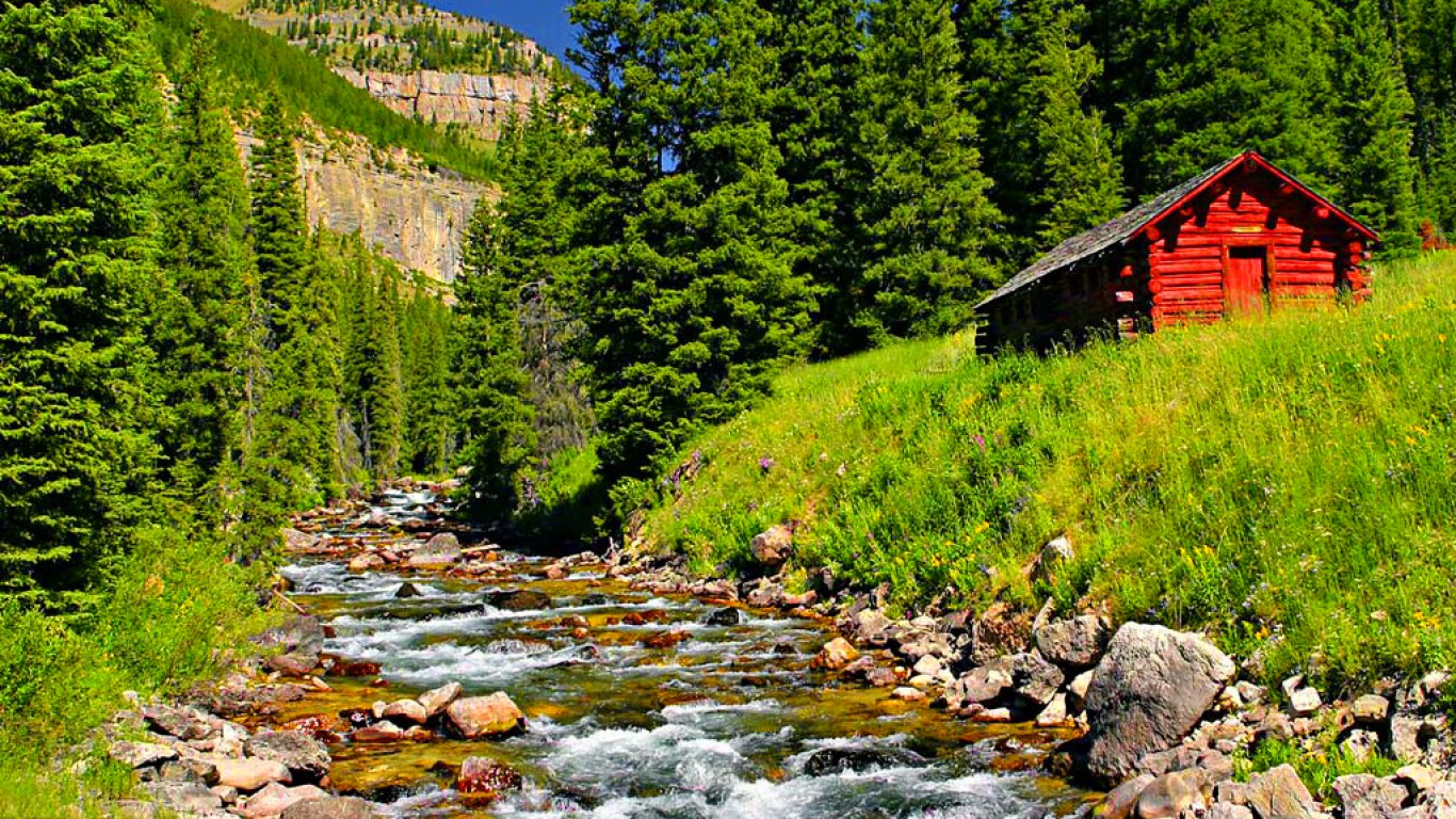 man made, cabin, creek, river, stream, wood HD wallpaper