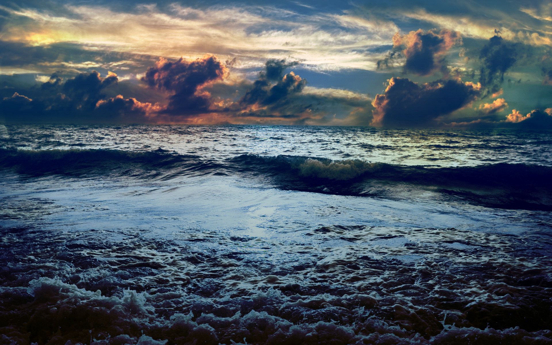 creepy, clouds, nature, sea, horizon, foam, shadows, volumetric, wave, confluence, merge, voluminous Phone Background