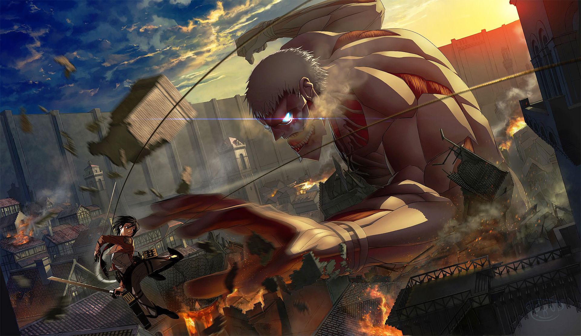 glowing eyes, mikasa ackerman, sword, fire Sky HQ Background Images