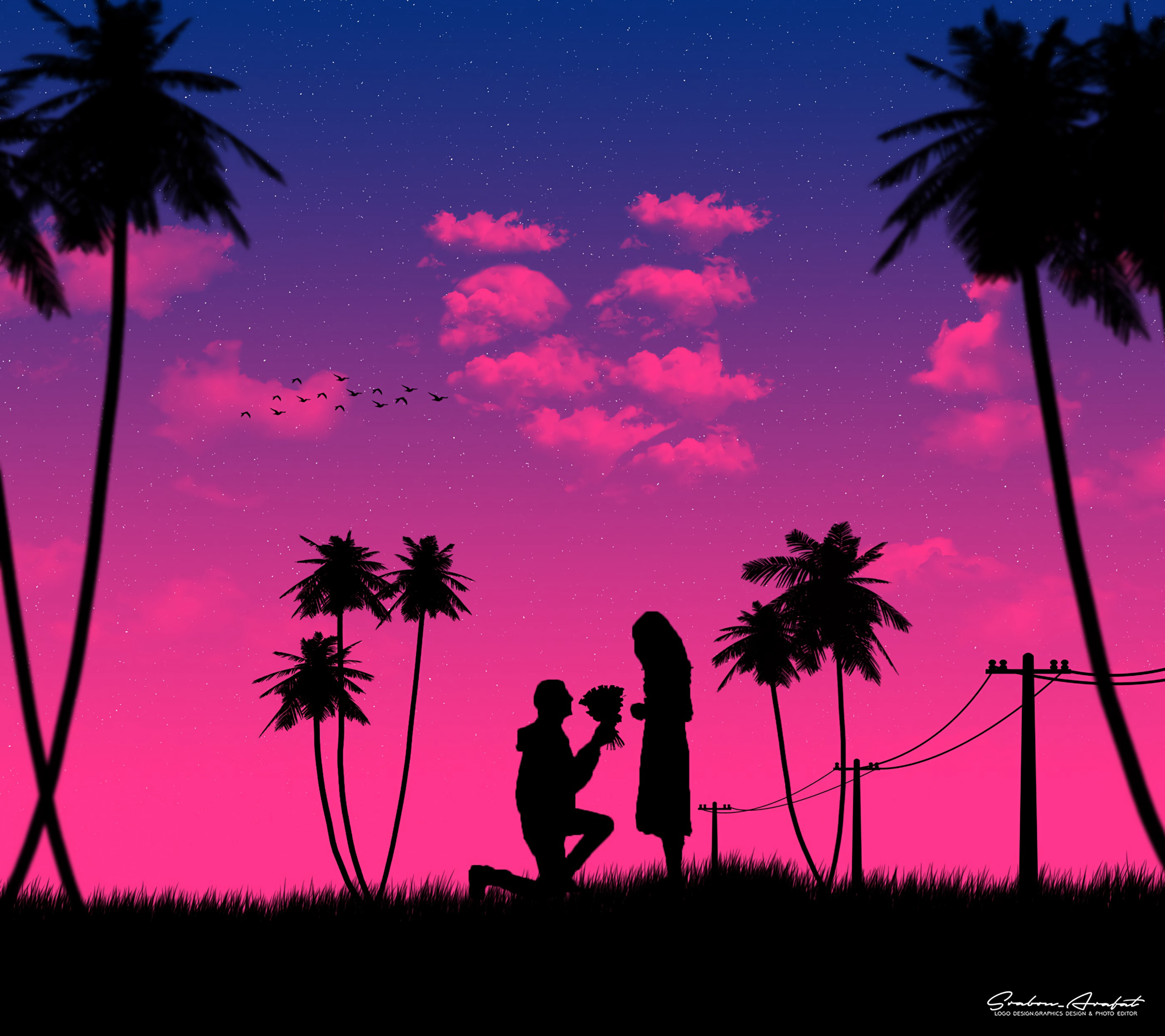night, art, love, couple, pair, silhouettes, romance 4K Ultra