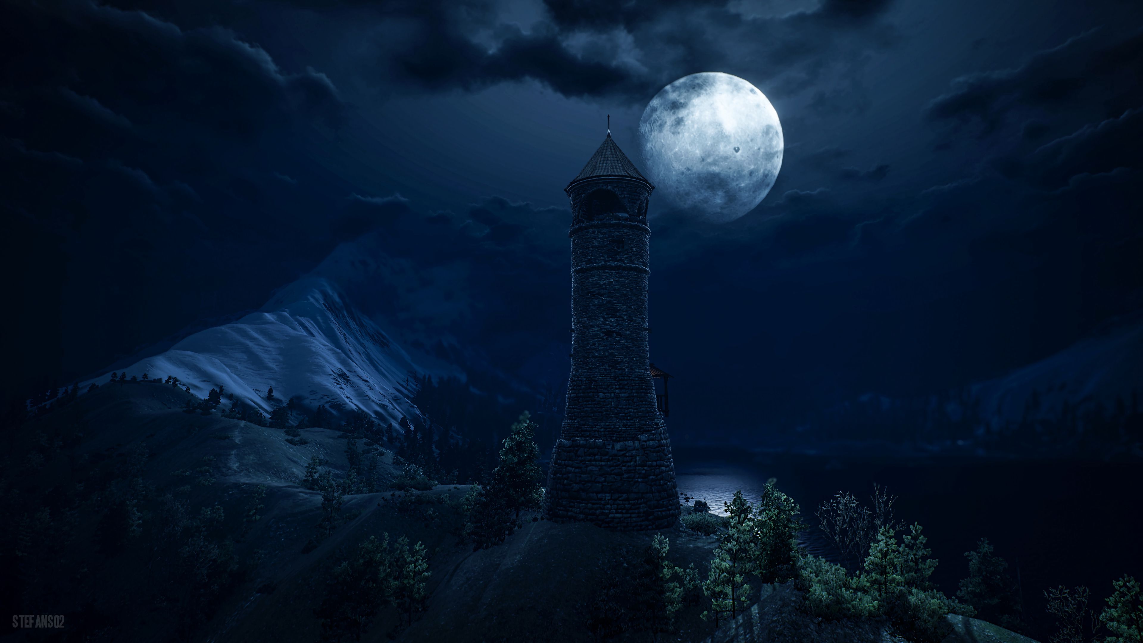 tower, fantastic, dark, art, lighthouse, full moon phone background