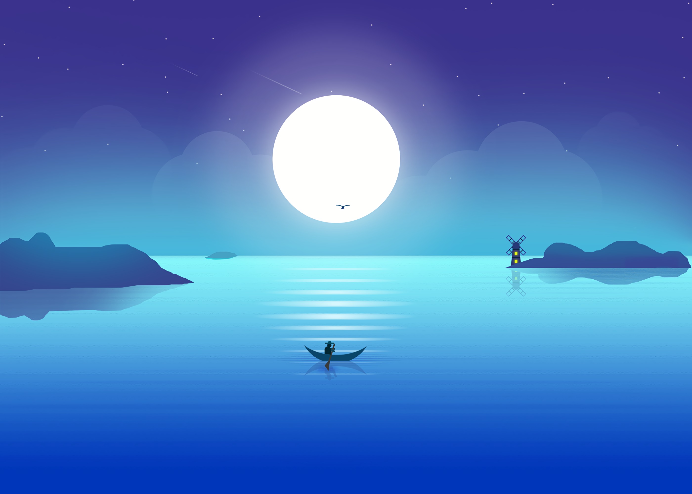 art, fisherman, horizon, boat, moon