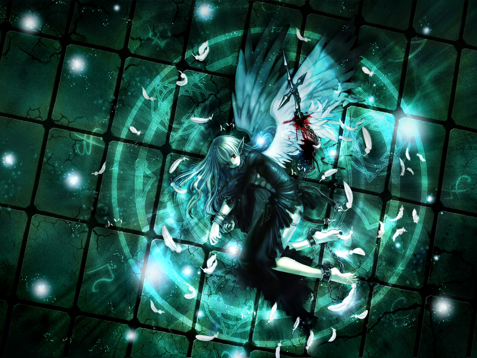 anime, angel, fallen angel, feather, white hair, wings High Definition image