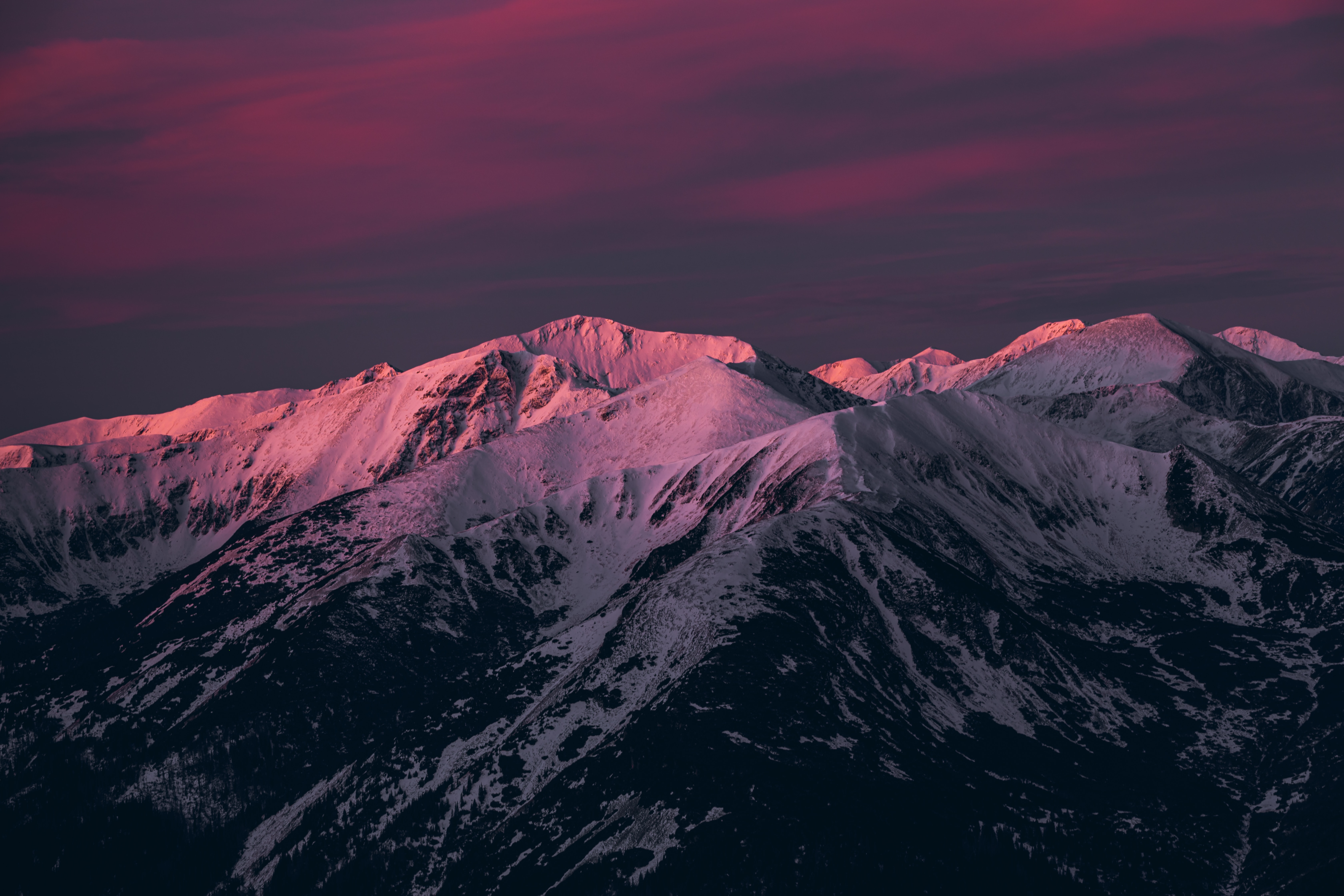 Download mobile wallpaper Pink, Dusk, Nature, Mountains, Snow, Twilight for free.