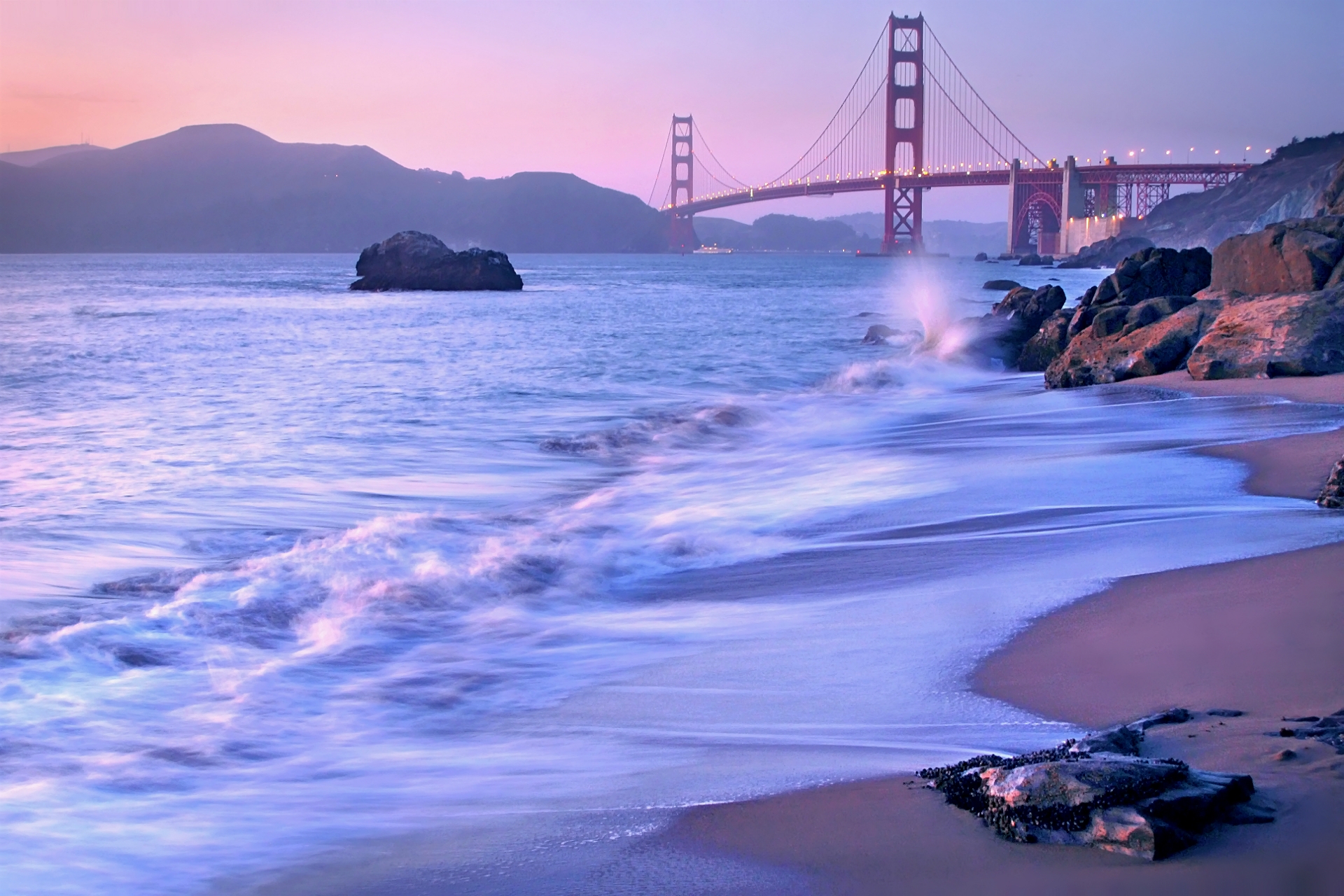 Laden Sie das Usa, Landschaft, Städte, Stones, Ufer, Bank, Straße, Brücke, Abend, Lila, Kalifornien, San Francisco, Goldenes Tor, Golden Gate-Bild kostenlos auf Ihren PC-Desktop herunter