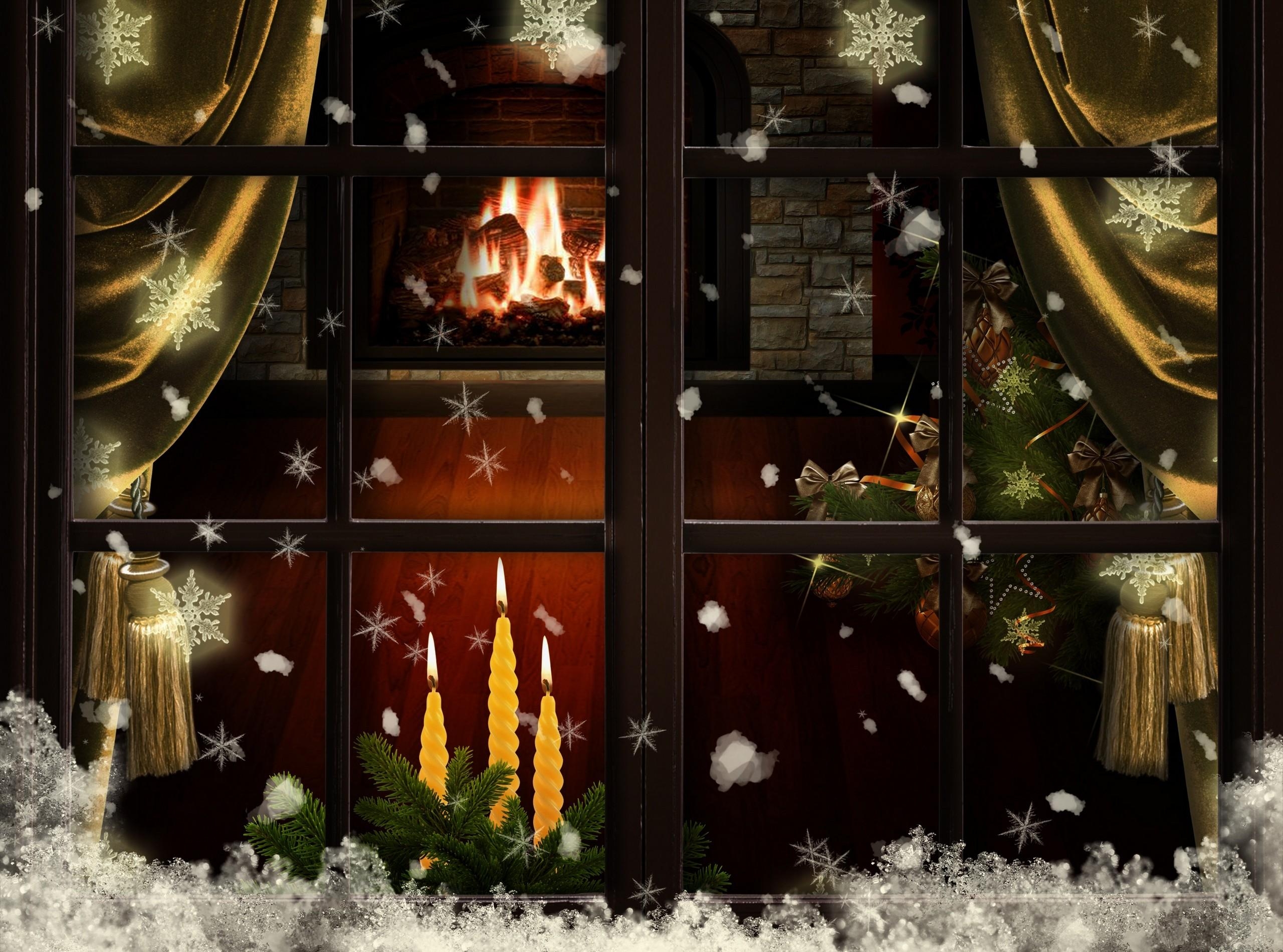 Handy-Wallpaper Weihnachten, Kerzen, Feiertage, Fenster, Weihnachtsbaum, Gemütlichkeit, Komfort, Kamin kostenlos herunterladen.