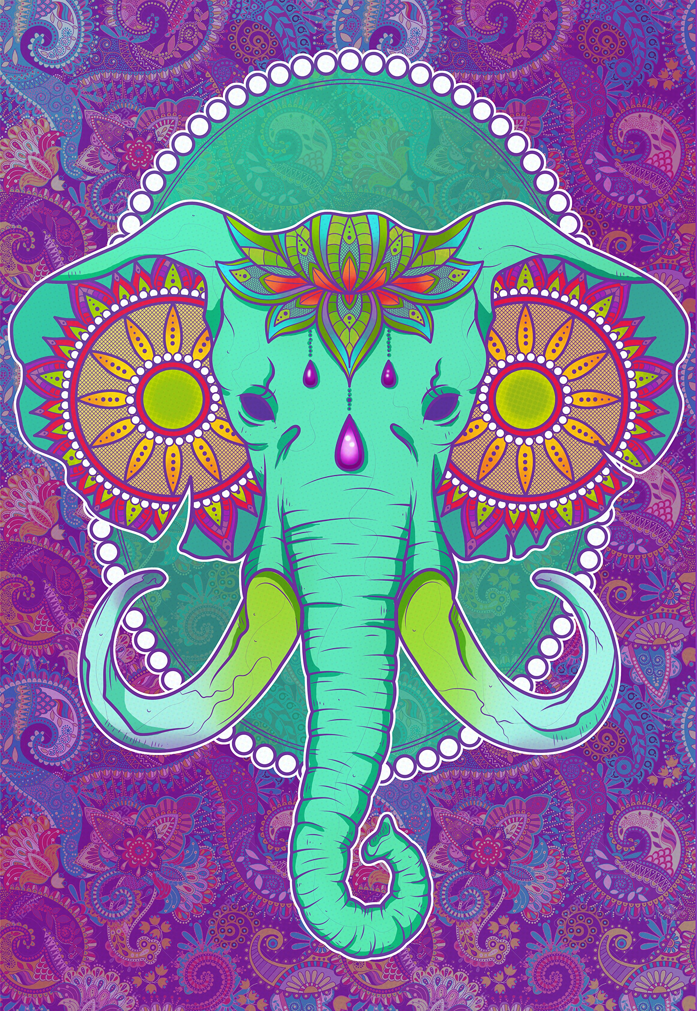 patterns, elephant, art, multicolored, motley 1080p