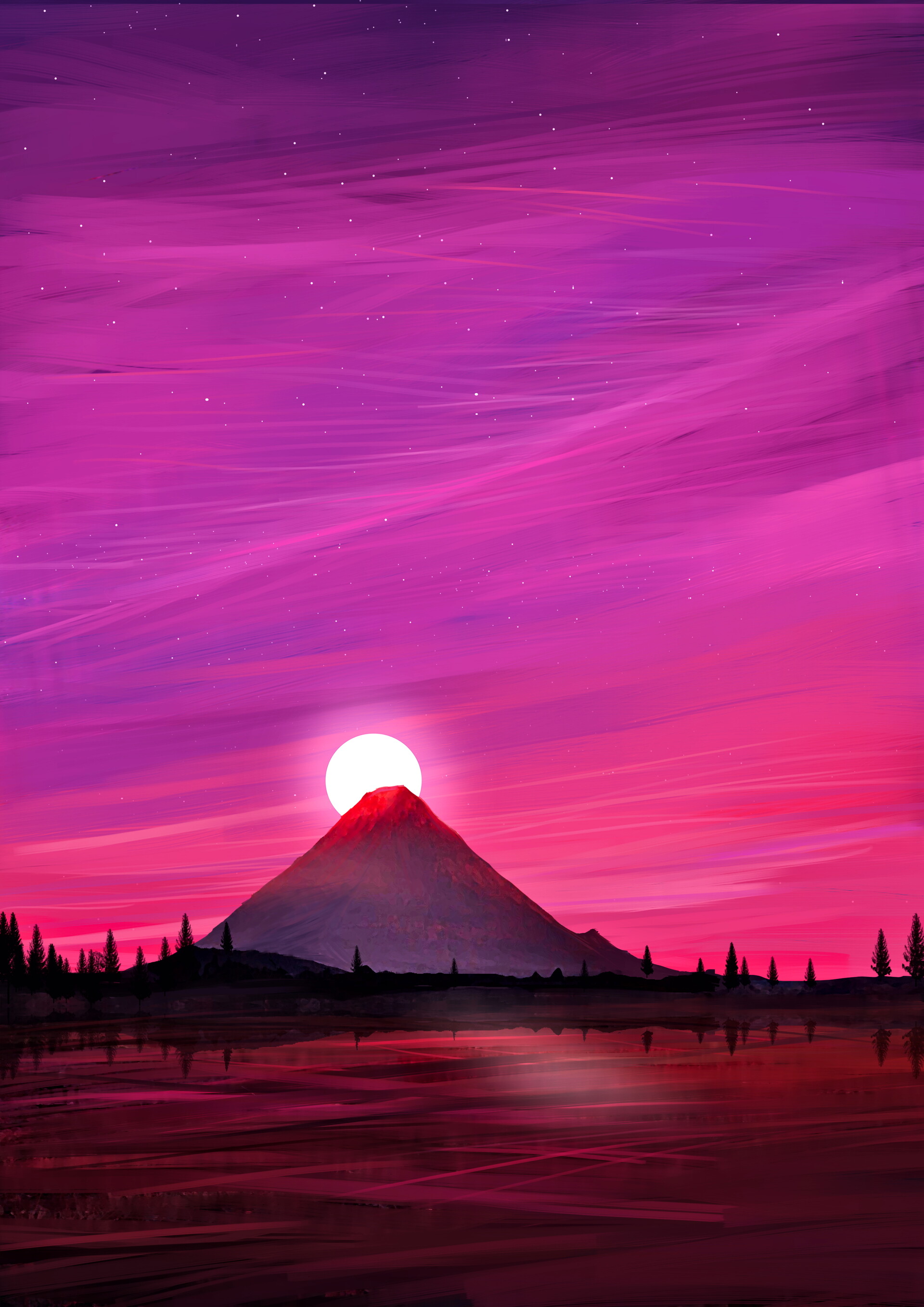 volcano, landscape, sunset, art, sun