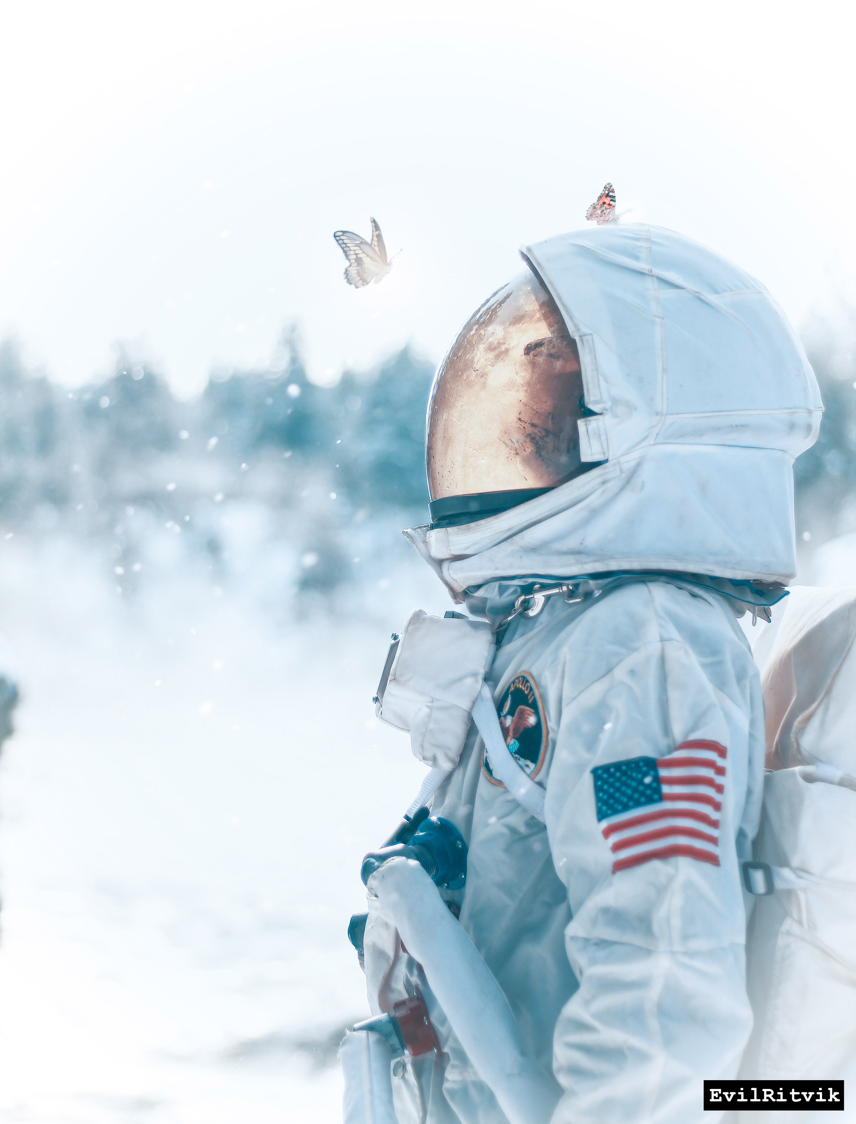 astronaut, butterflies, universe, shine, light, spacesuit, space suit wallpaper for mobile