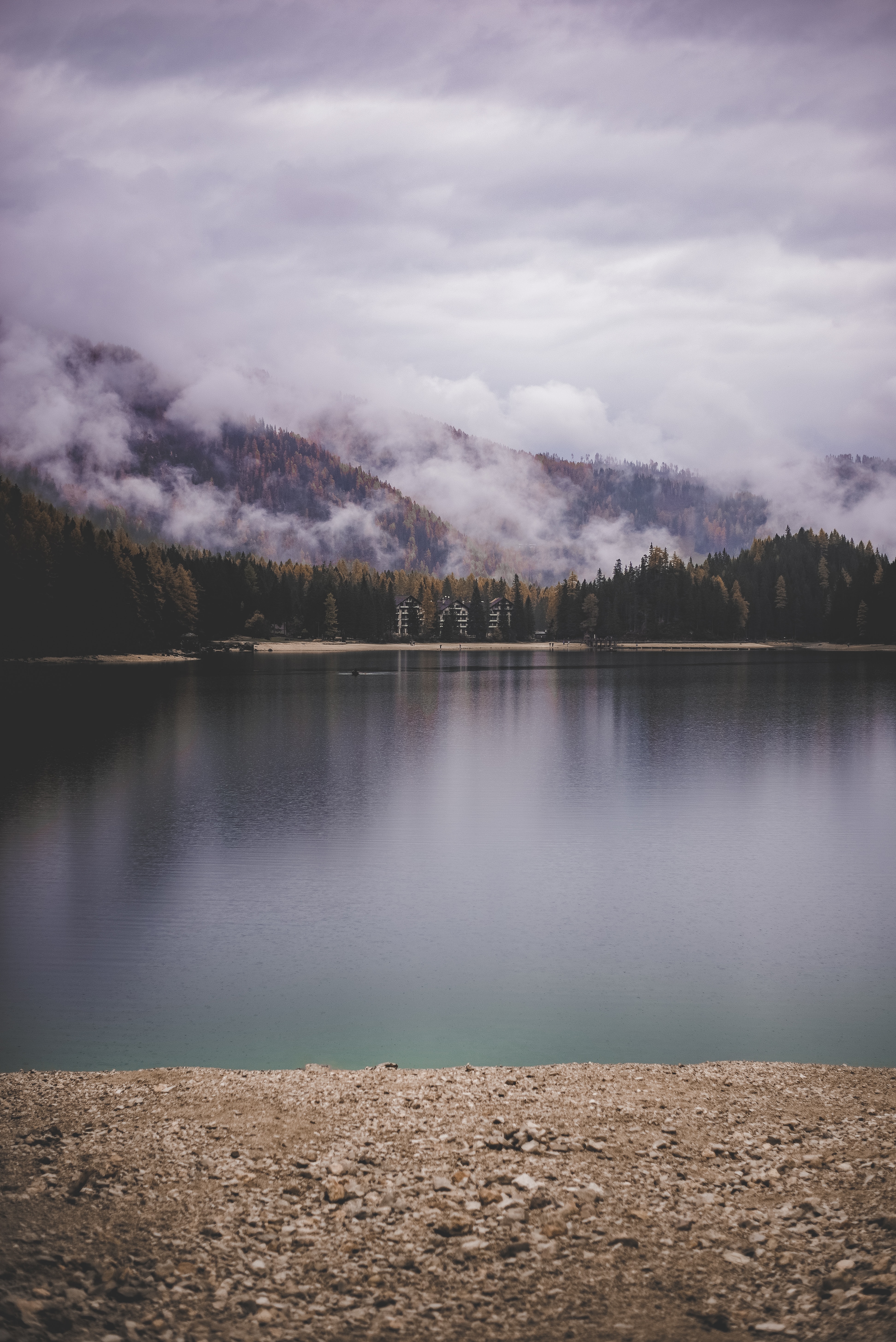 landscape, nature, trees, mountains, clouds, lake, shore, bank Full HD