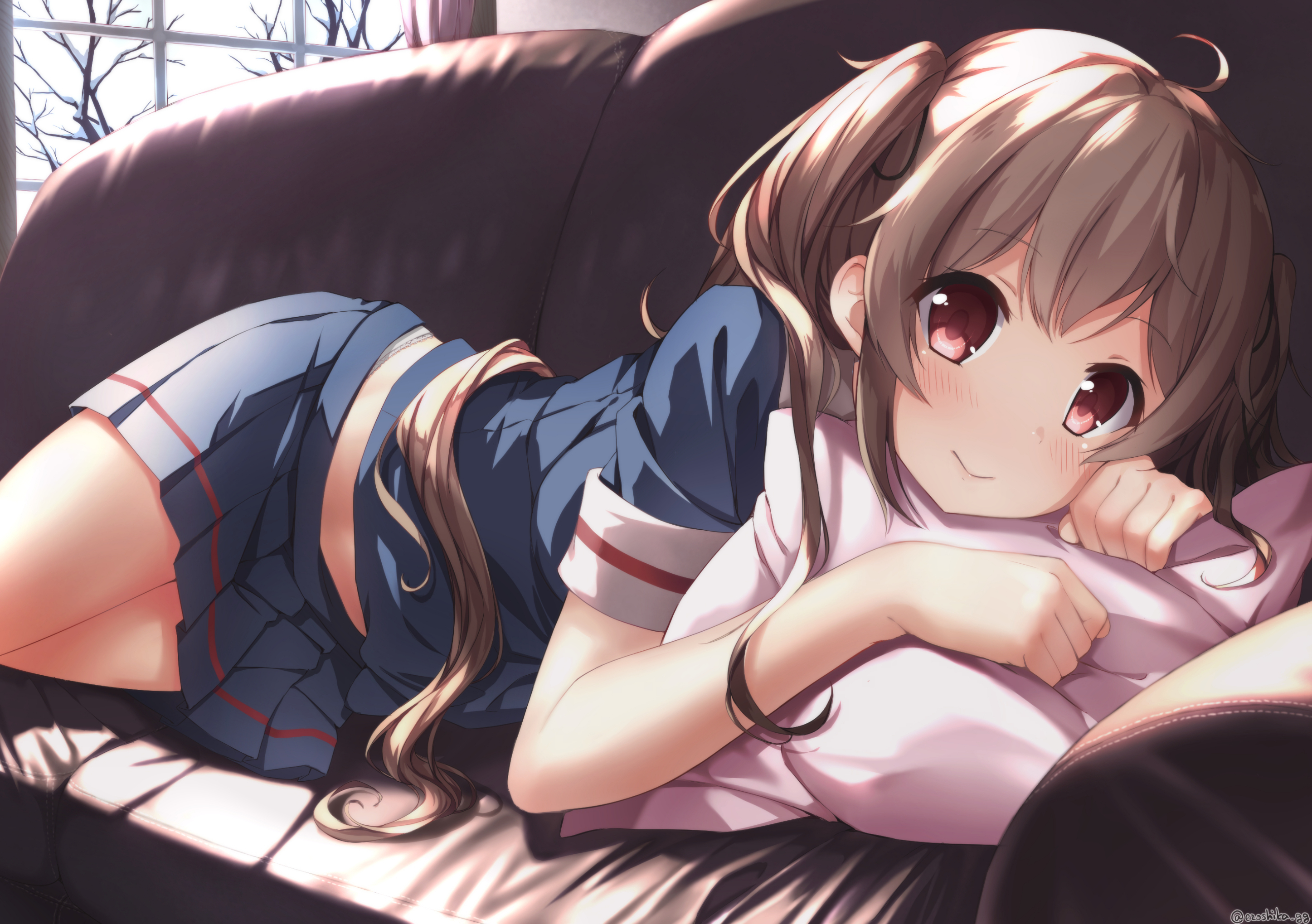 anime, kantai collection, blush, brown hair, couch, long hair, murasame (kancolle), red eyes, school uniform, twintails Full HD