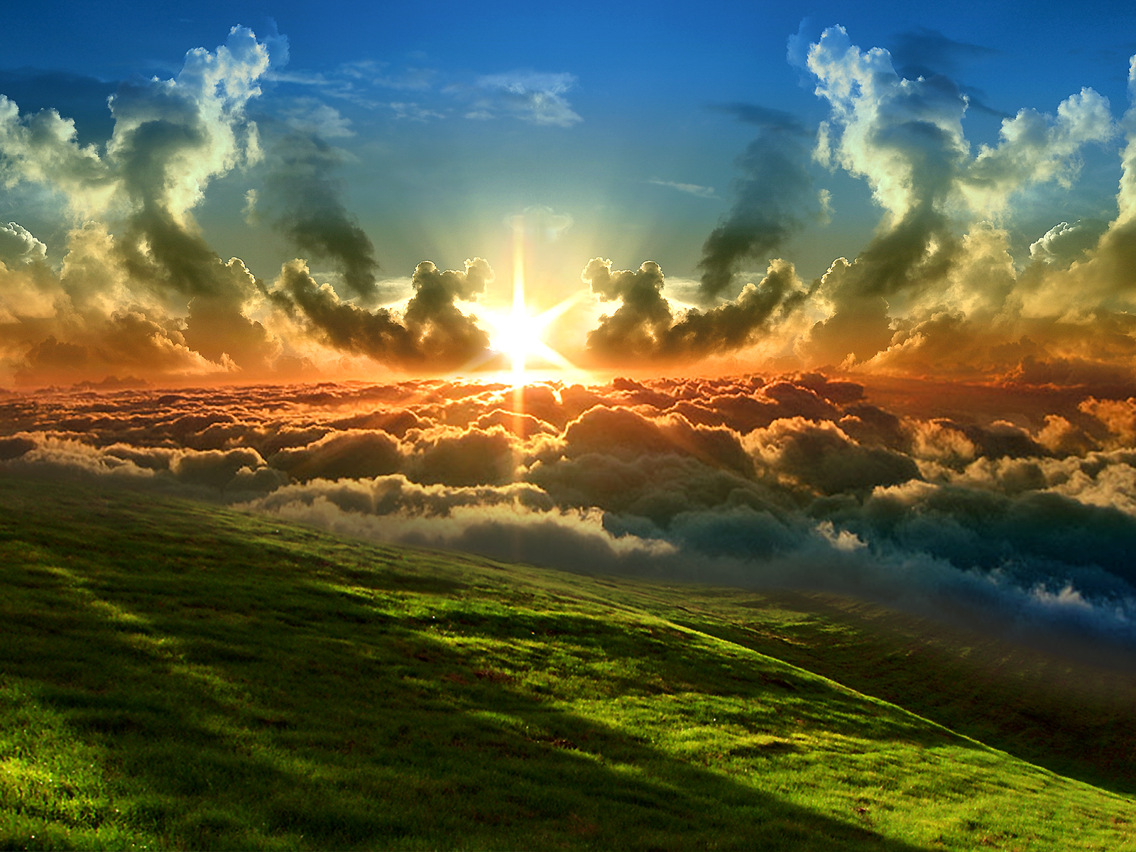 sunset, sun, grass, sky, earth, cloud