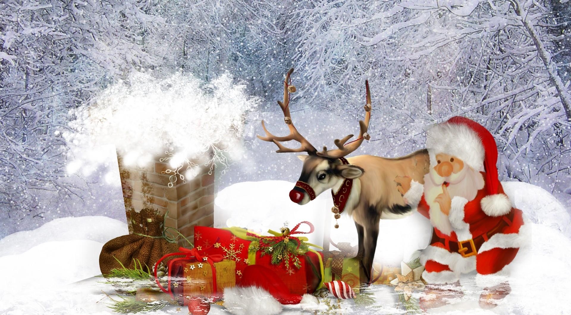 110940 Hintergrundbild herunterladen weihnachten, die geschenke, feiertage, weihnachtsmann, trompete, rohr, dach, hirsch, geschenke - Bildschirmschoner und Bilder kostenlos