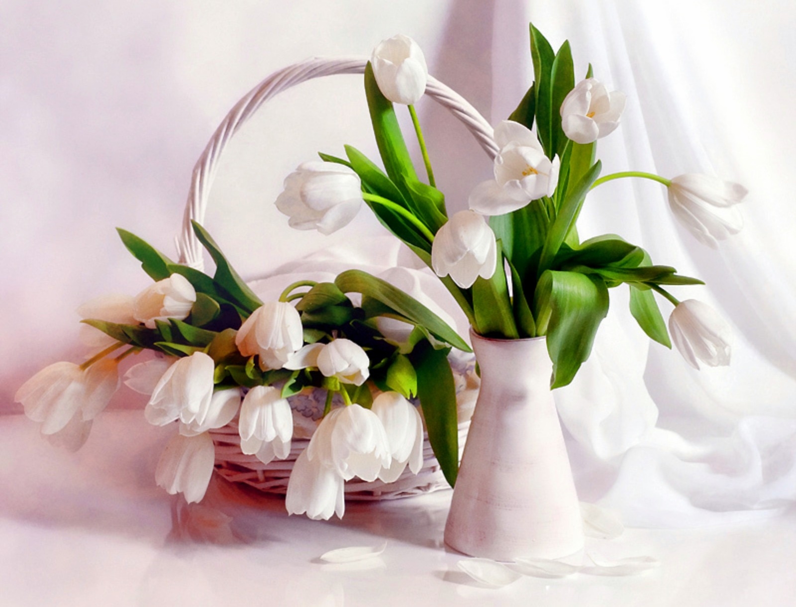 petals, flowers, tulips, vase, basket, tenderness 5K