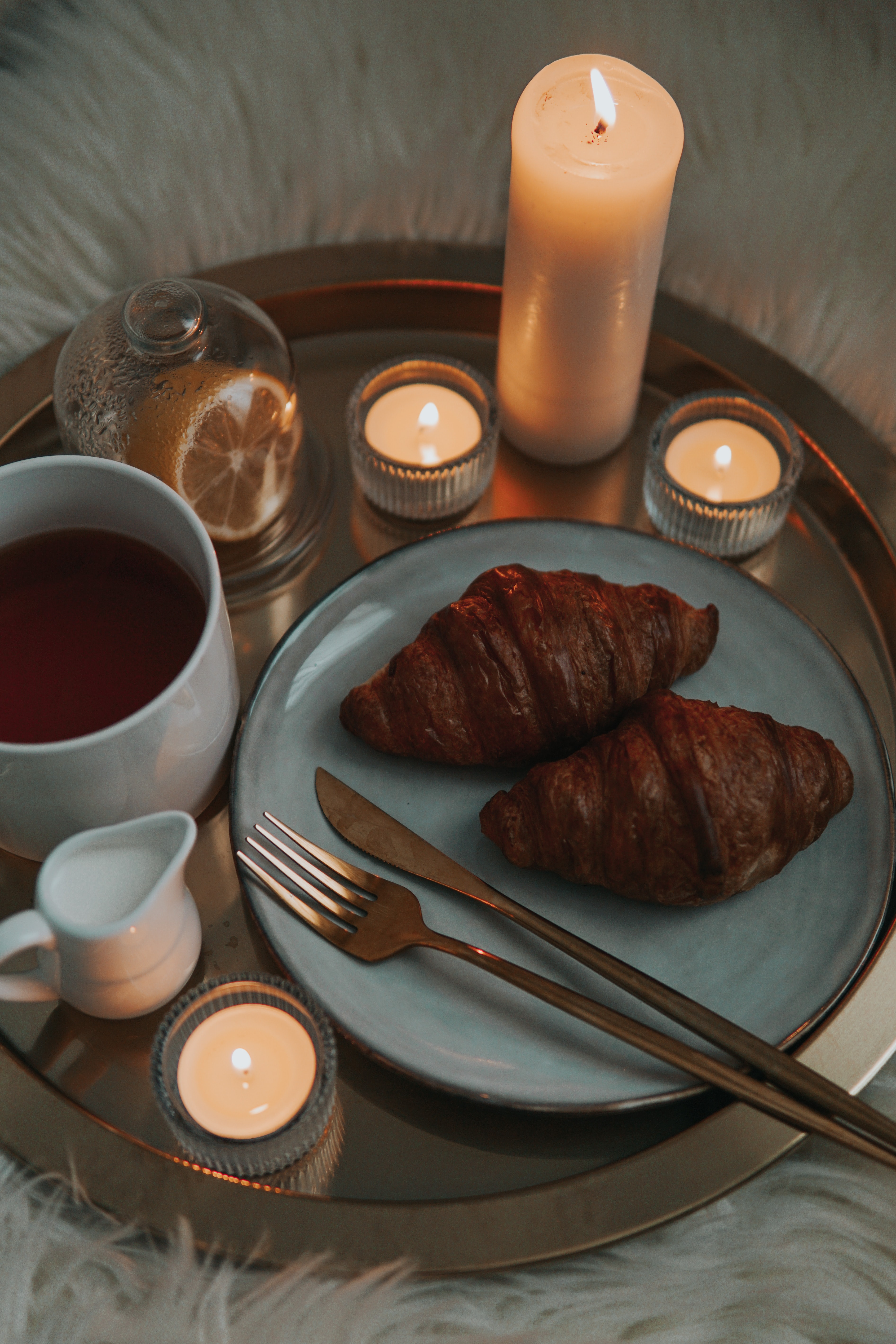 tea, breakfast, croissants, food Candles Cellphone FHD pic