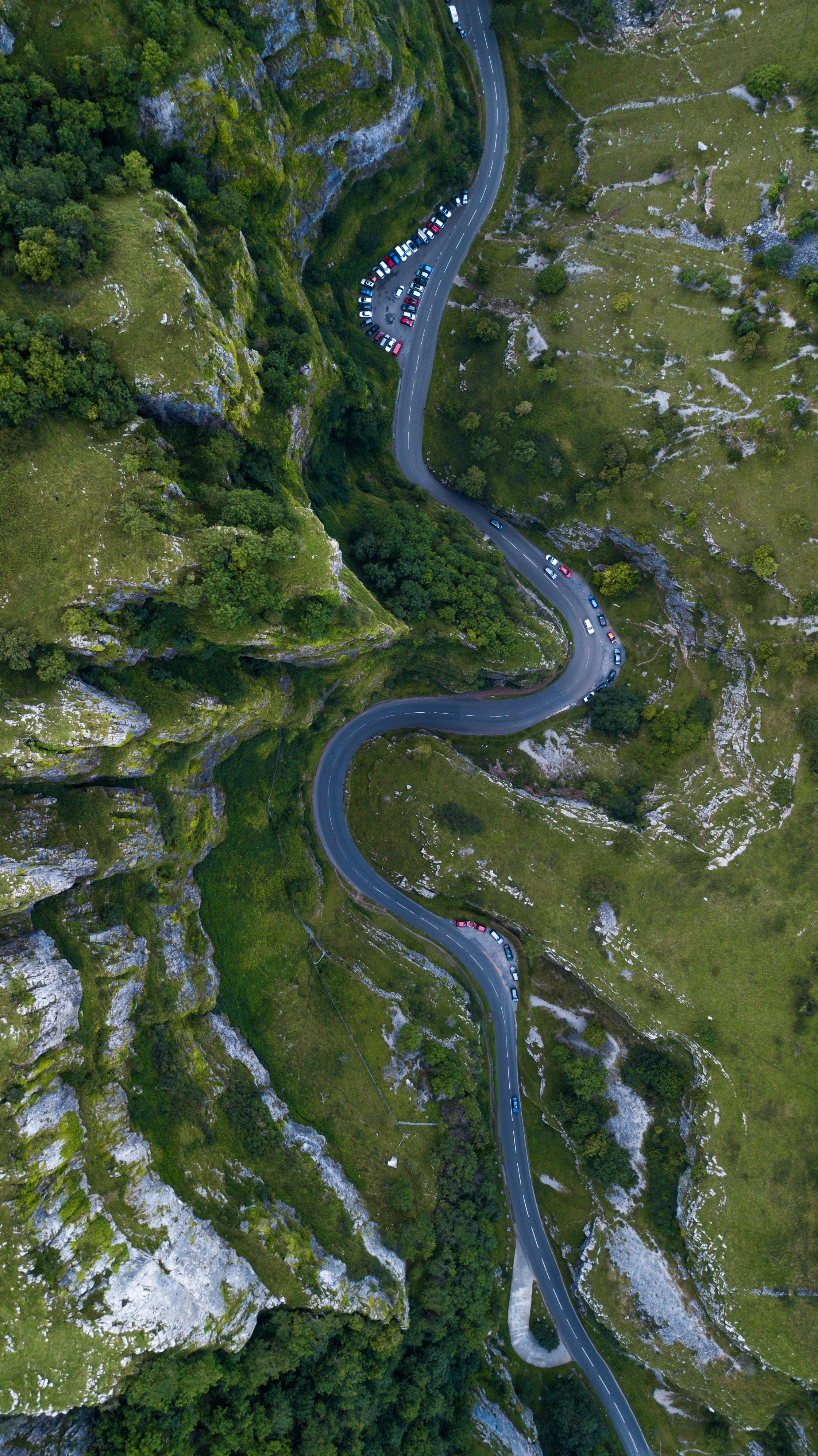 united kingdom, nature, mountains, great britain, cars, view from above, road, winding, sinuous, cheddar phone background