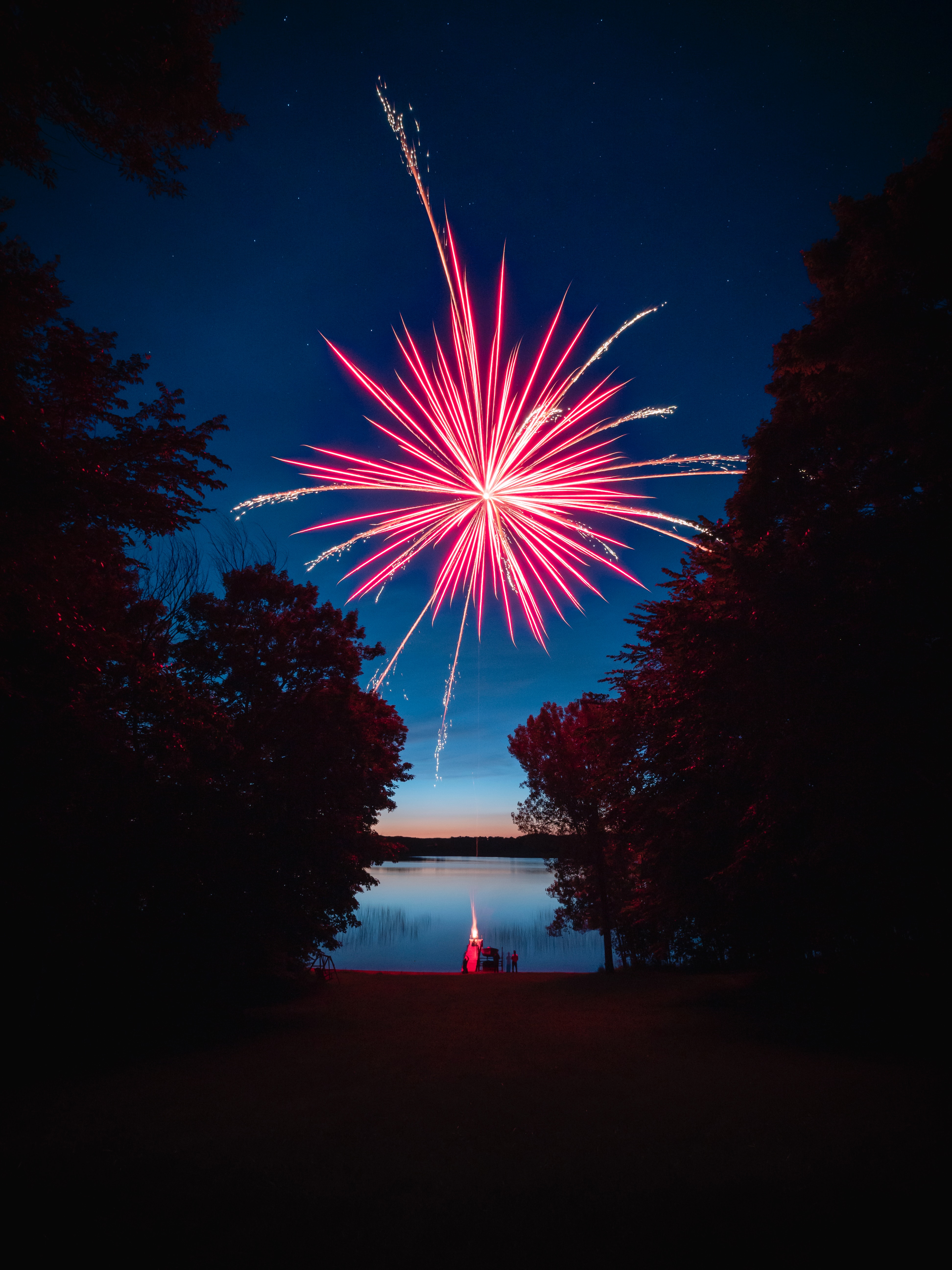 fireworks, dark, salute, lake HD Phone wallpaper