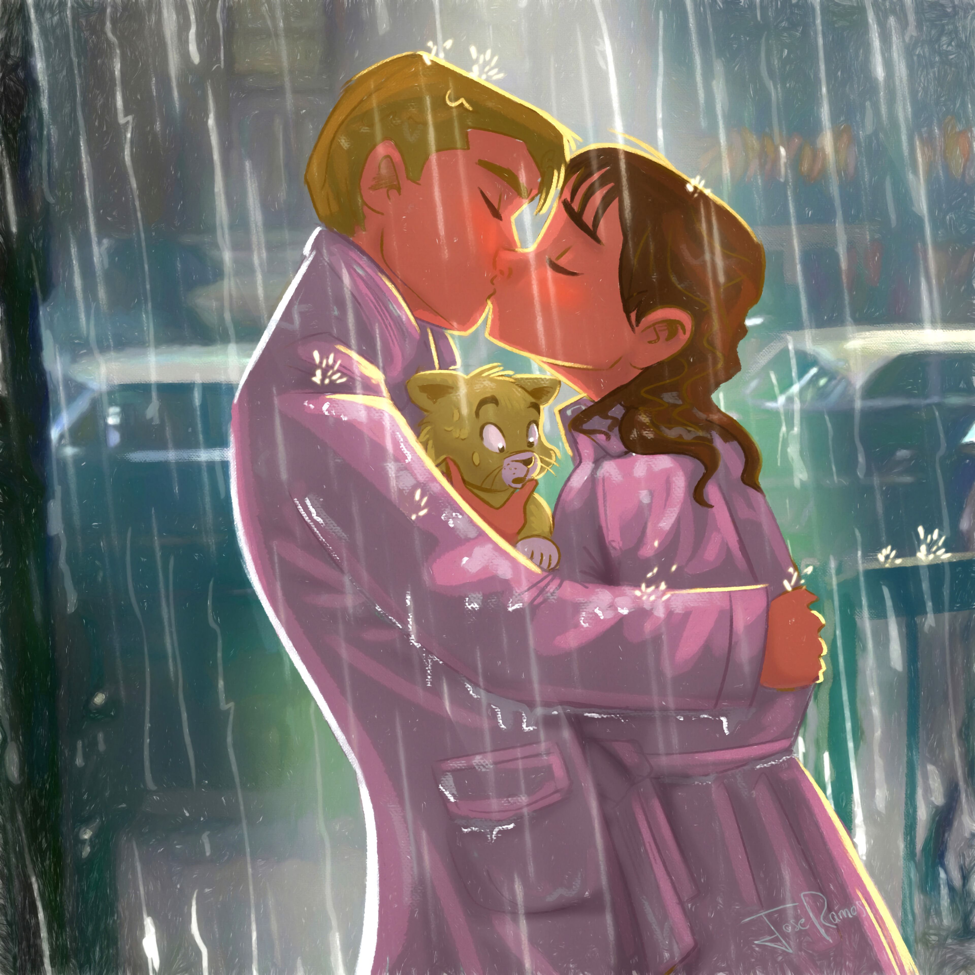 love, art, rain, kitty, kitten, couple, pair, kiss iphone wallpaper