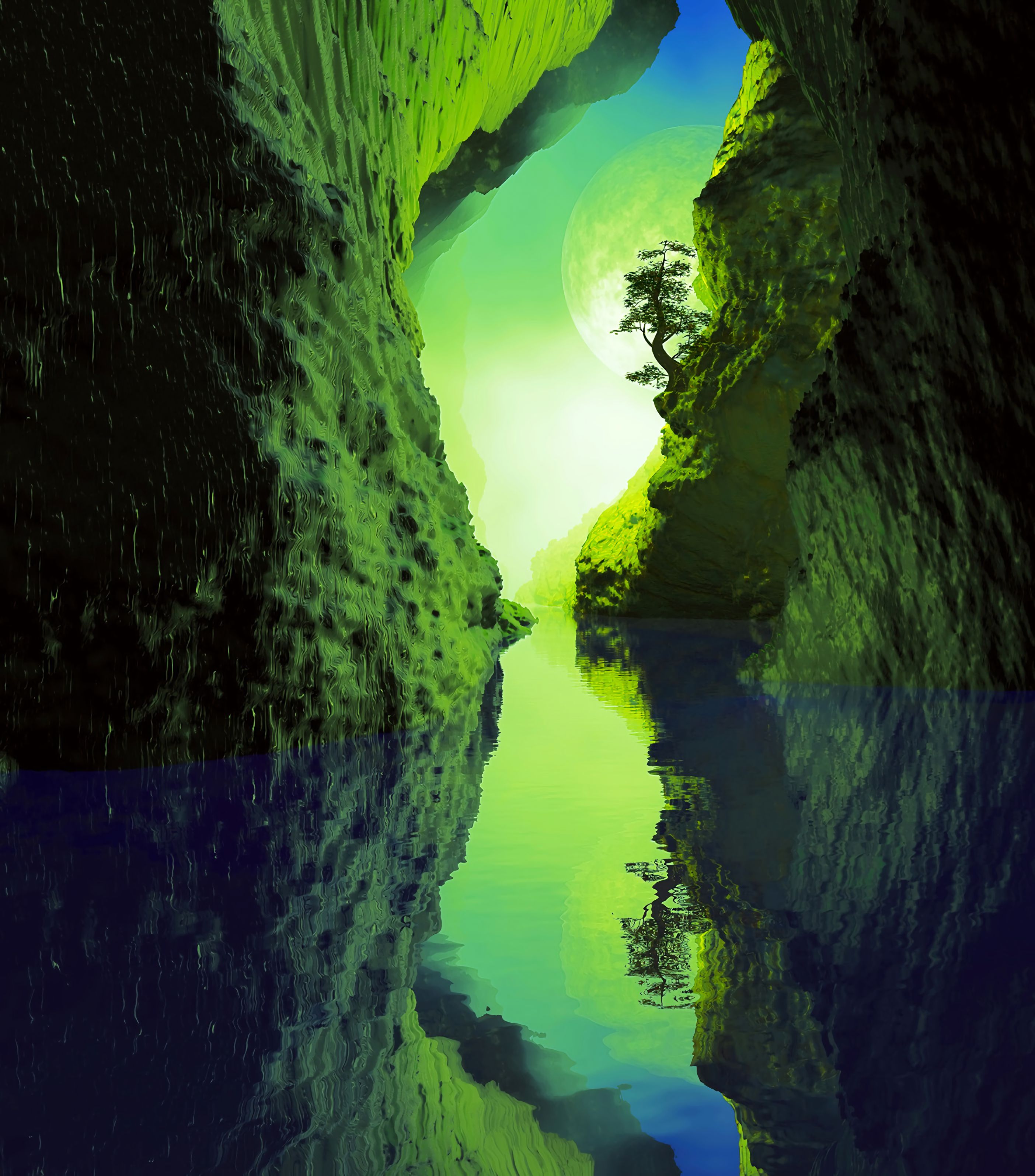 72015 скачать обои отражение, арт, река, дерево, зеленый, пещера - заставки и картинки бесплатно