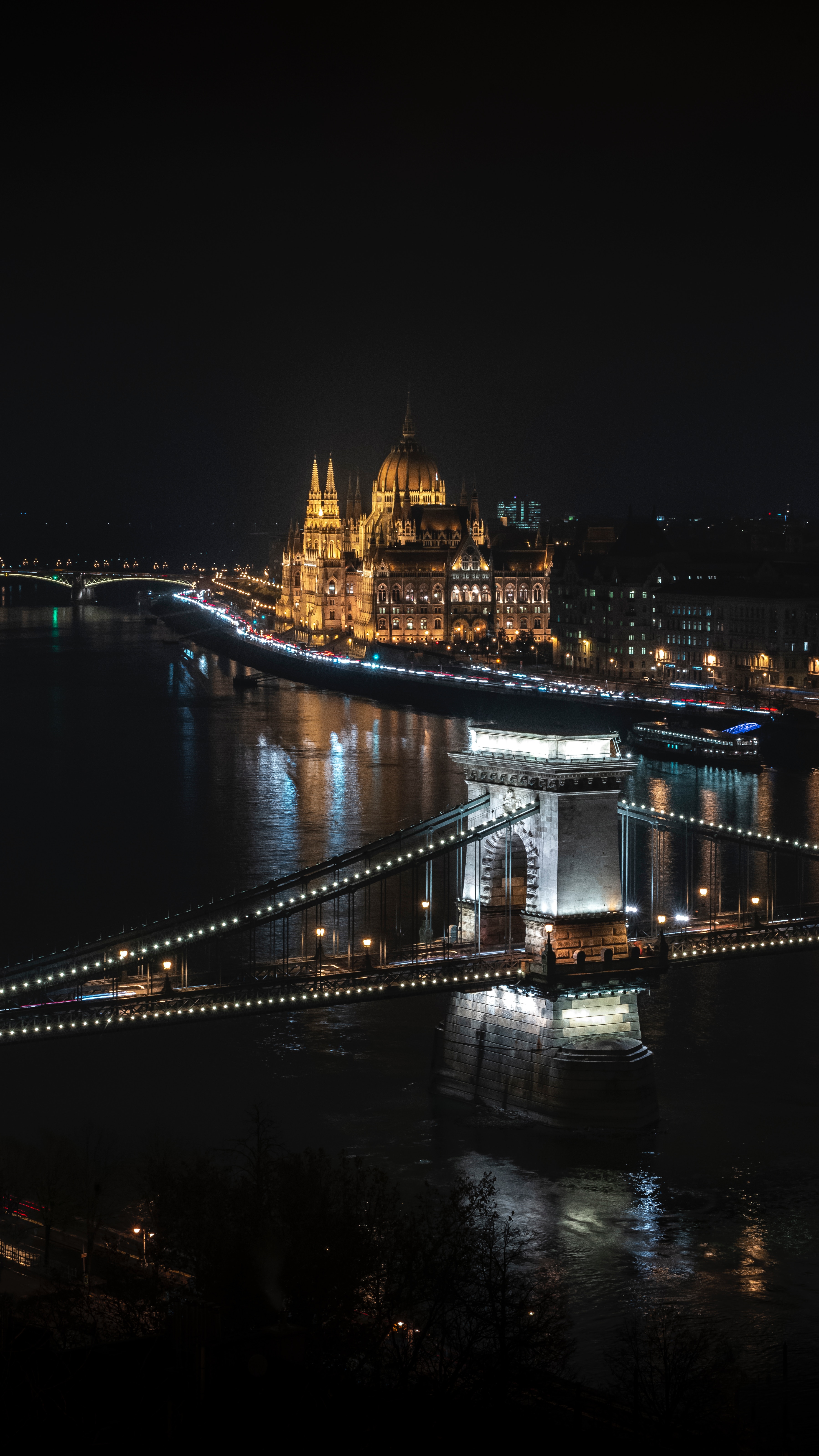 budapest, night city, hungary, cities, city lights, bridge