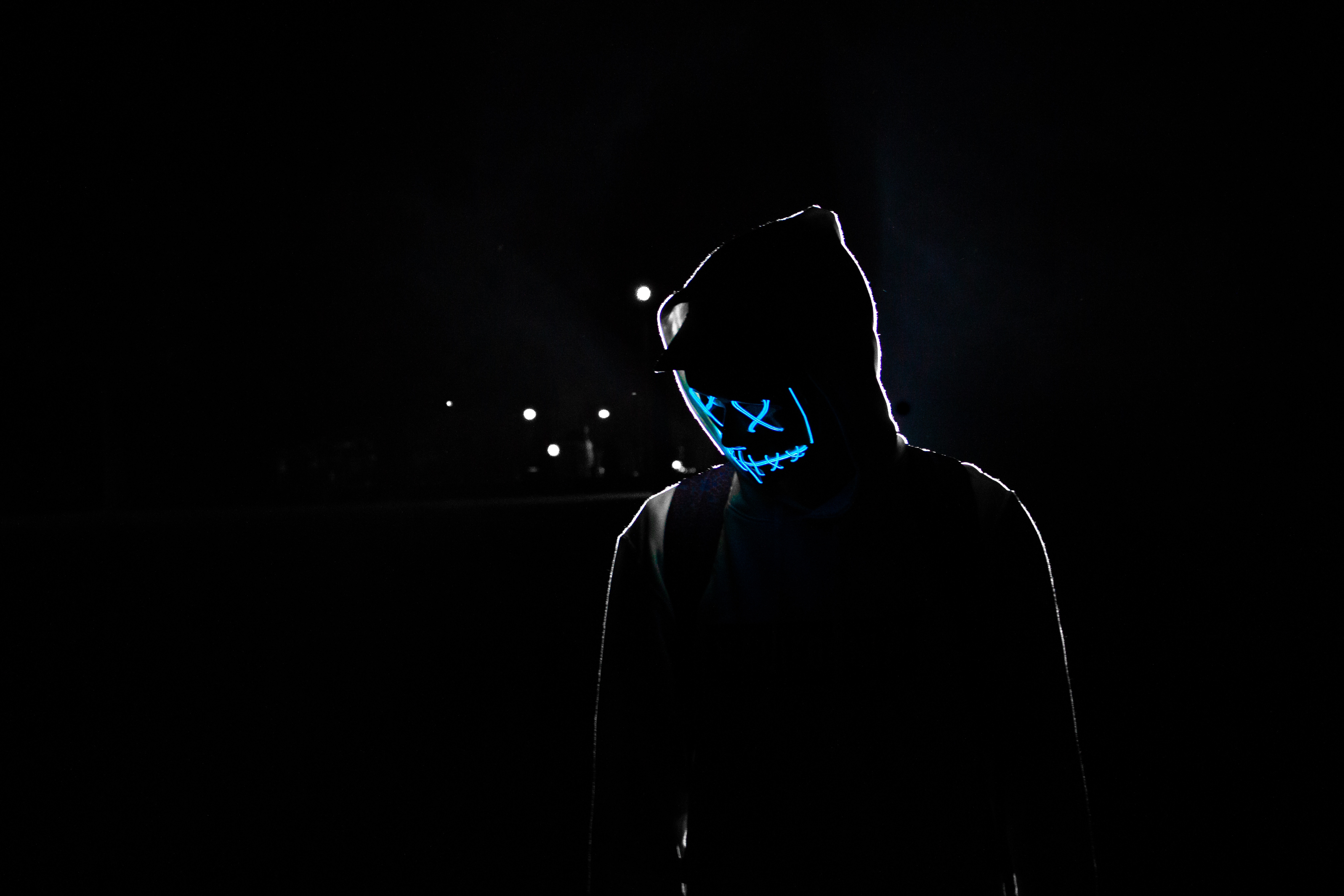 mask, human, dark, person, hood, glow, neon wallpapers for tablet