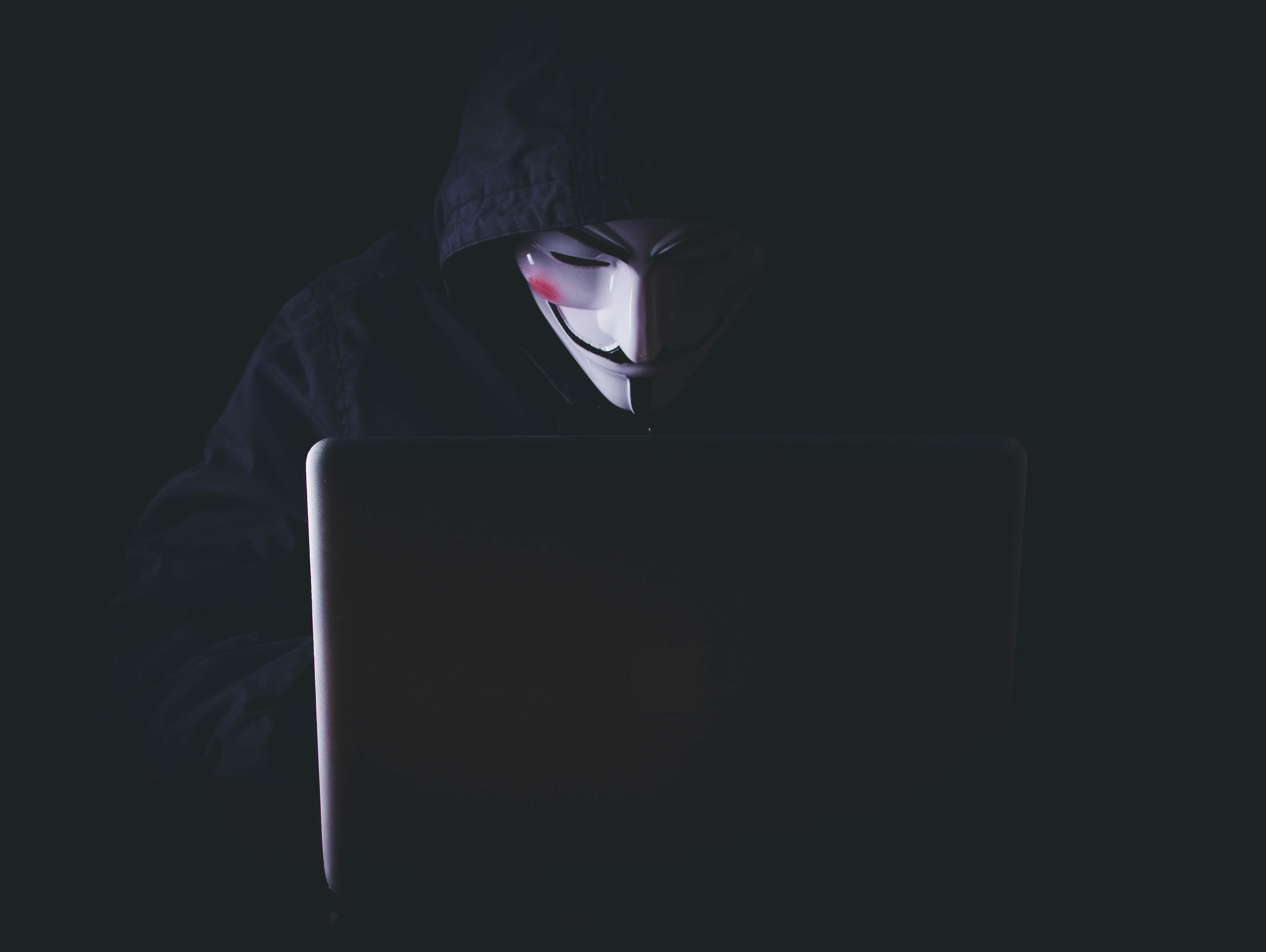 hacker, anonymous, laptop, notebook, mask, hood, dark