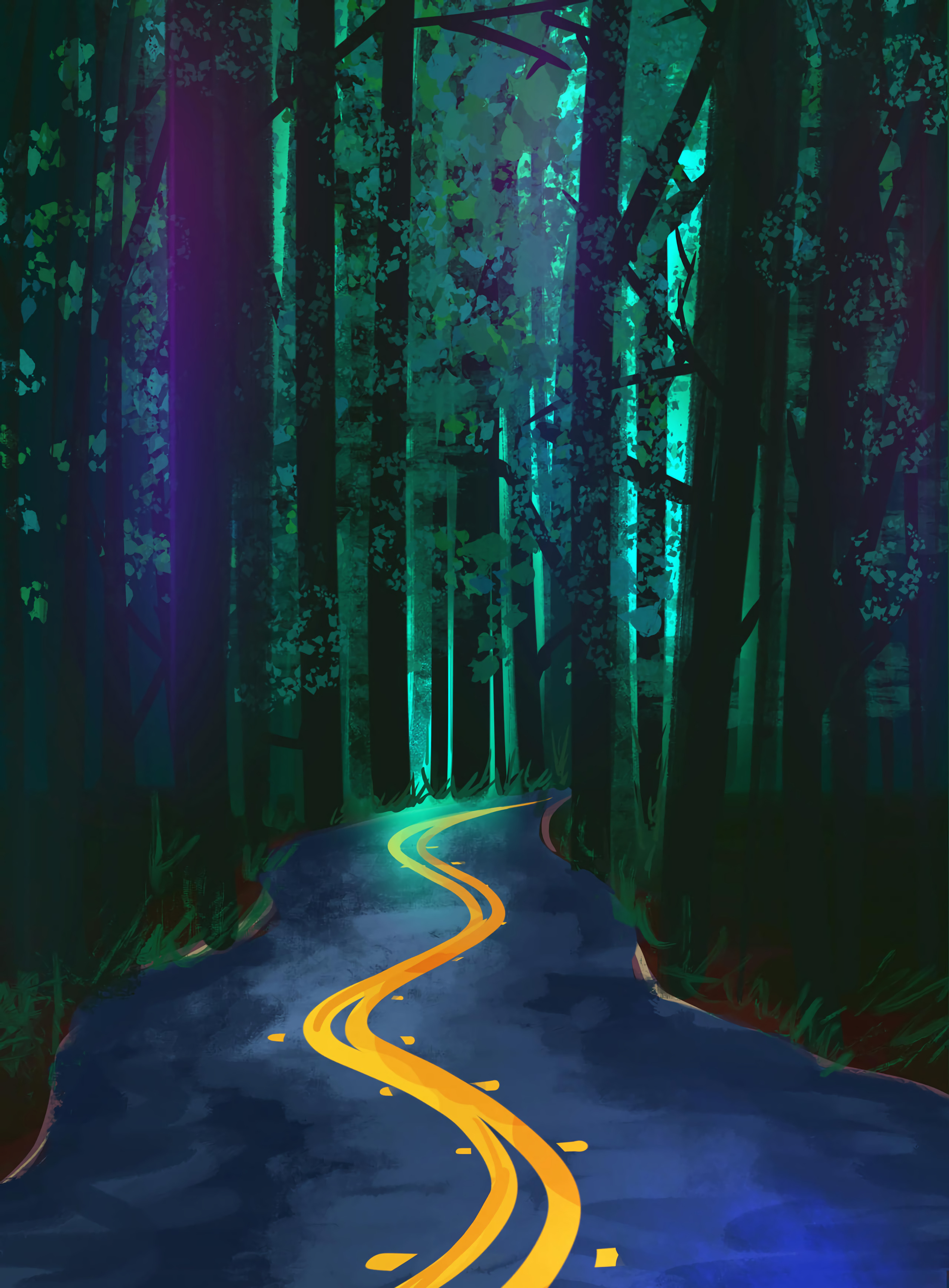 art, road, forest, winding, sinuous