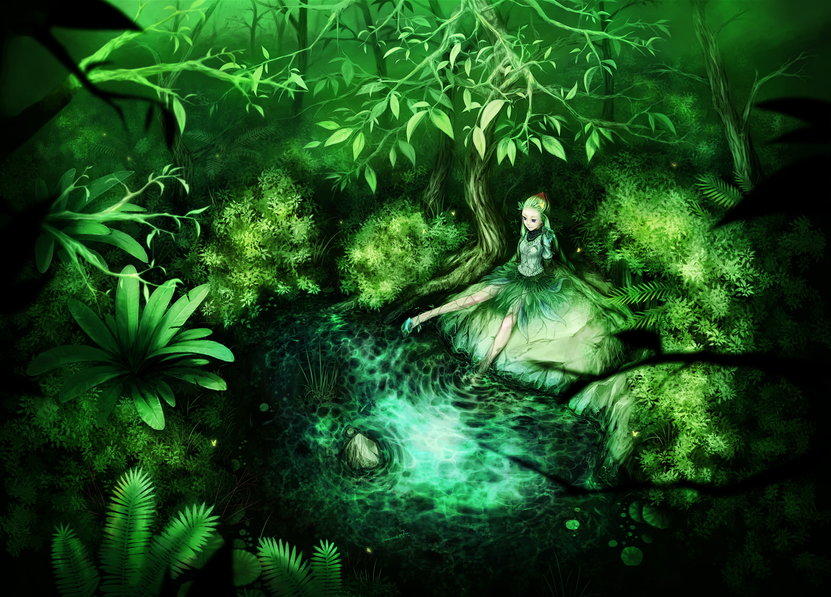 green, fairy, fantasy, druid, elf, forest, pond, tree Aesthetic wallpaper