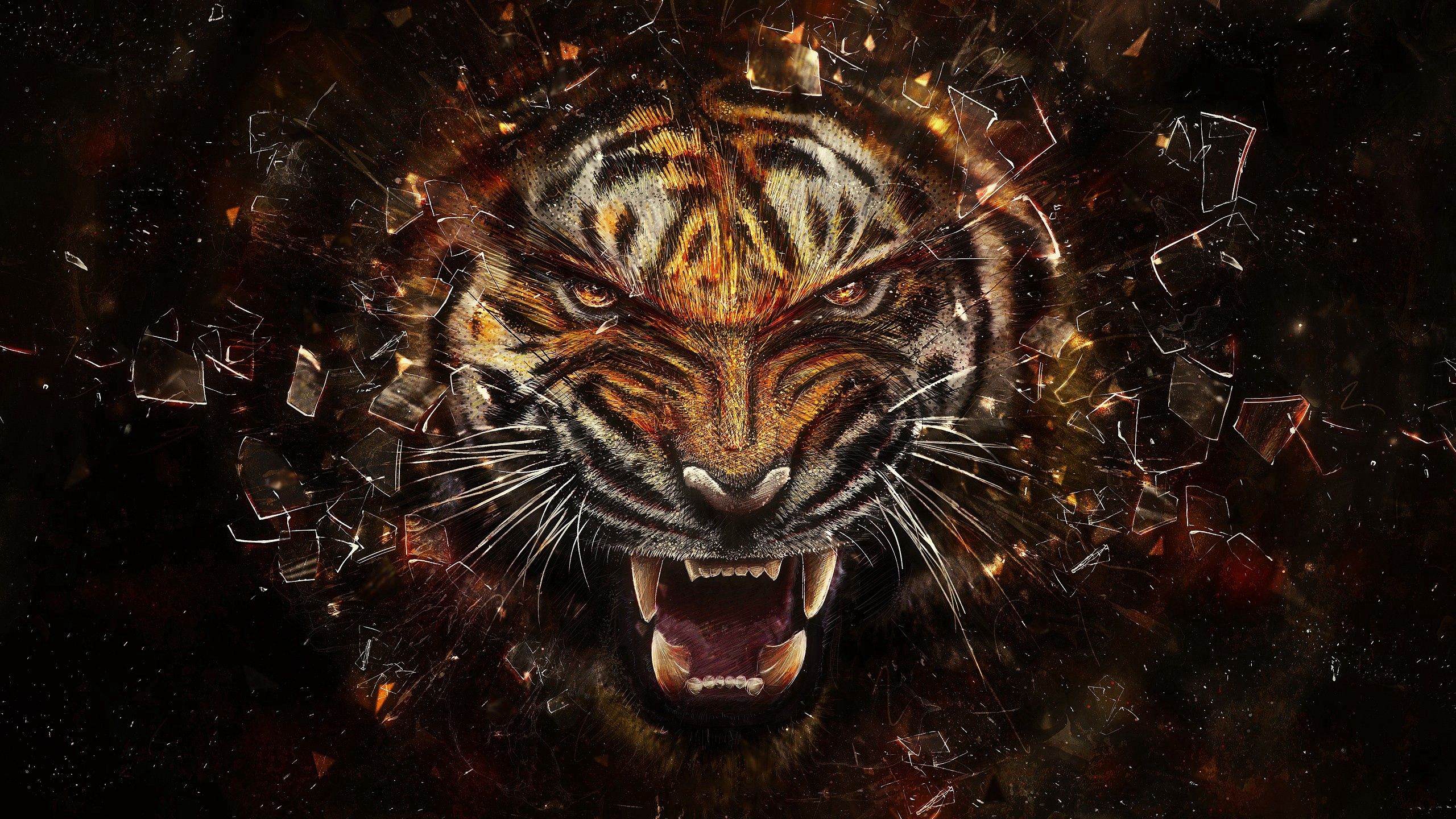 95682 download wallpaper abstract, tiger, aggression, grin, glass, shards, smithereens screensavers and pictures for free