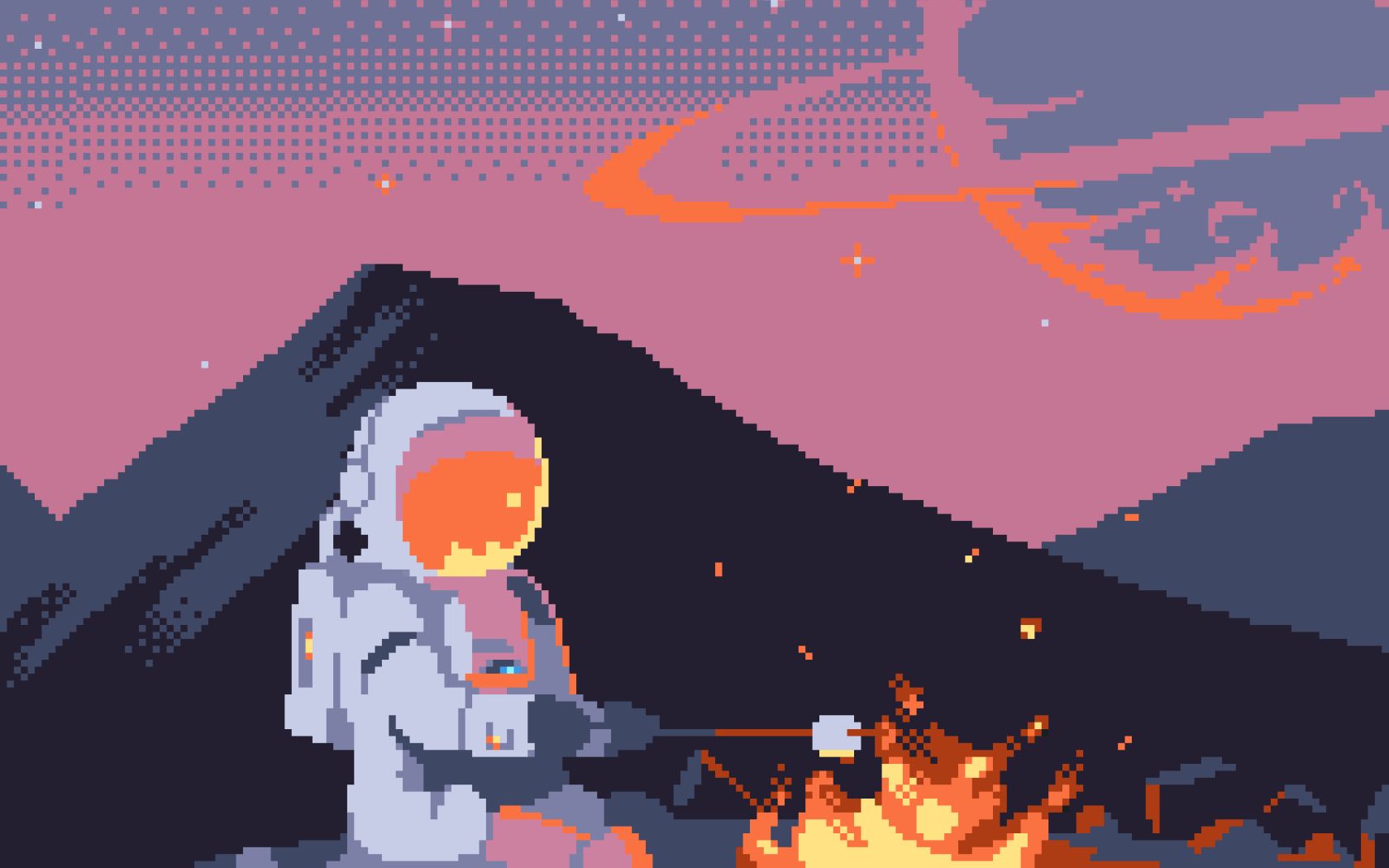 8 bit, artistic, pixel art, astronaut, fire, spacesuit