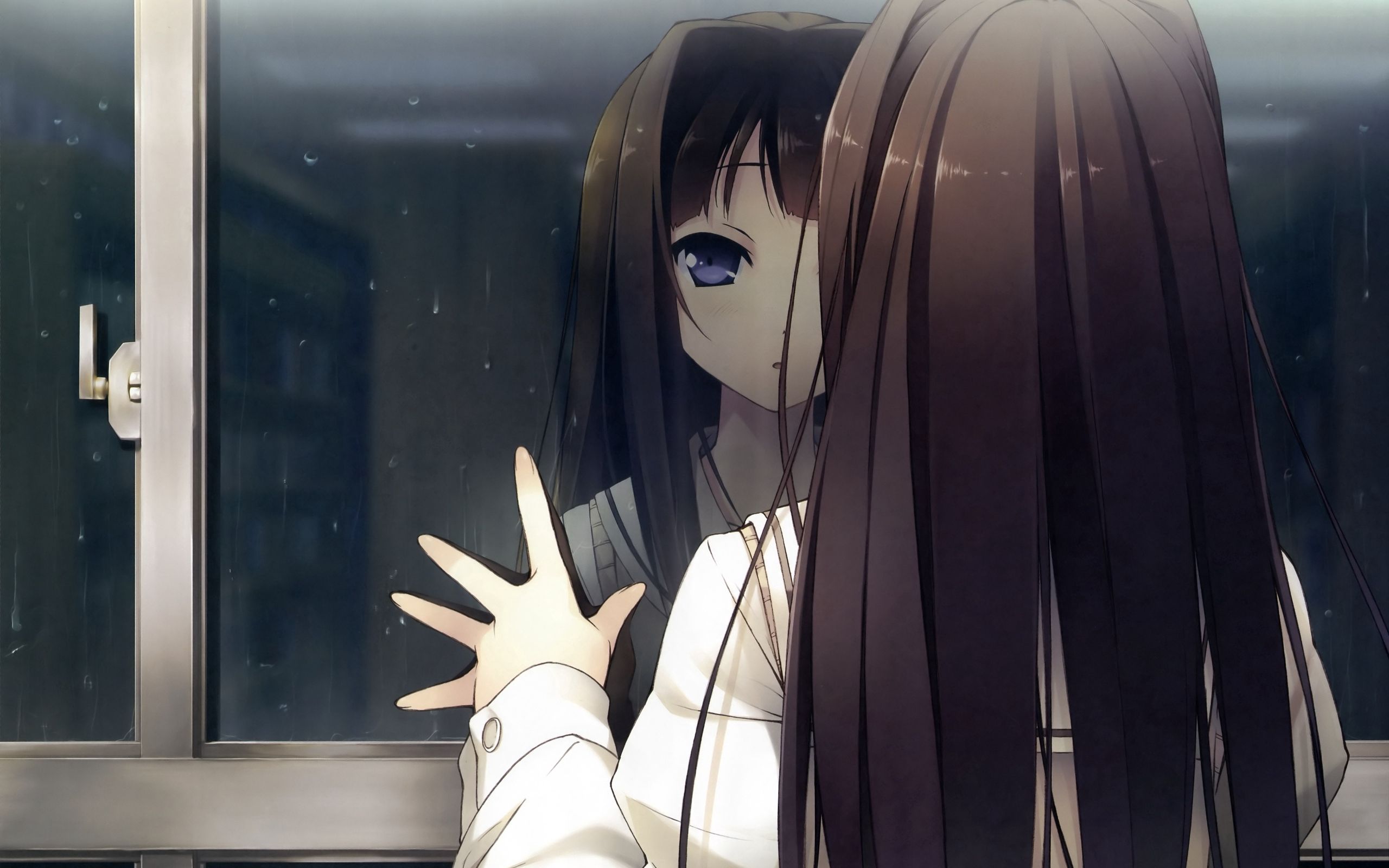 52377 download wallpaper anime, opinion, rain, drops, reflection, sight, girl, window screensavers and pictures for free