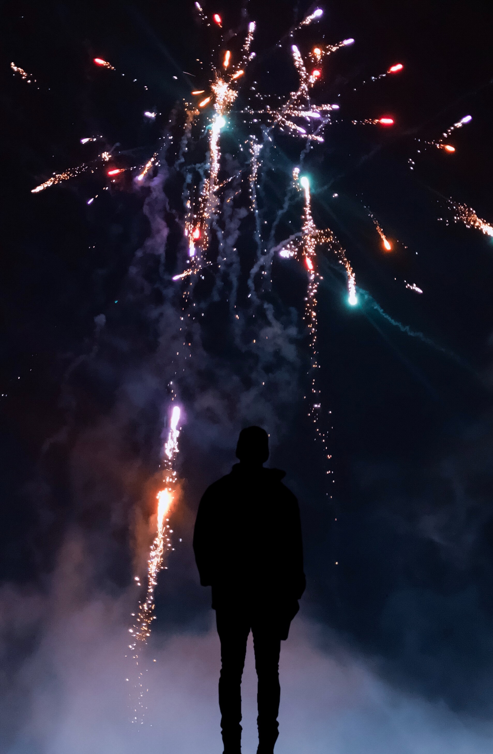 sparks, firework, dark, smoke, salute, silhouette, multicolored, motley, fireworks HD wallpaper