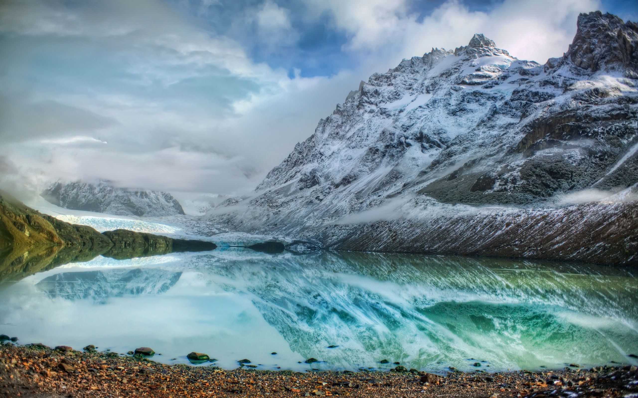 lake, nature, stones, mountains, ice, clouds, reflection, shore, bank, freshness, cold, icy