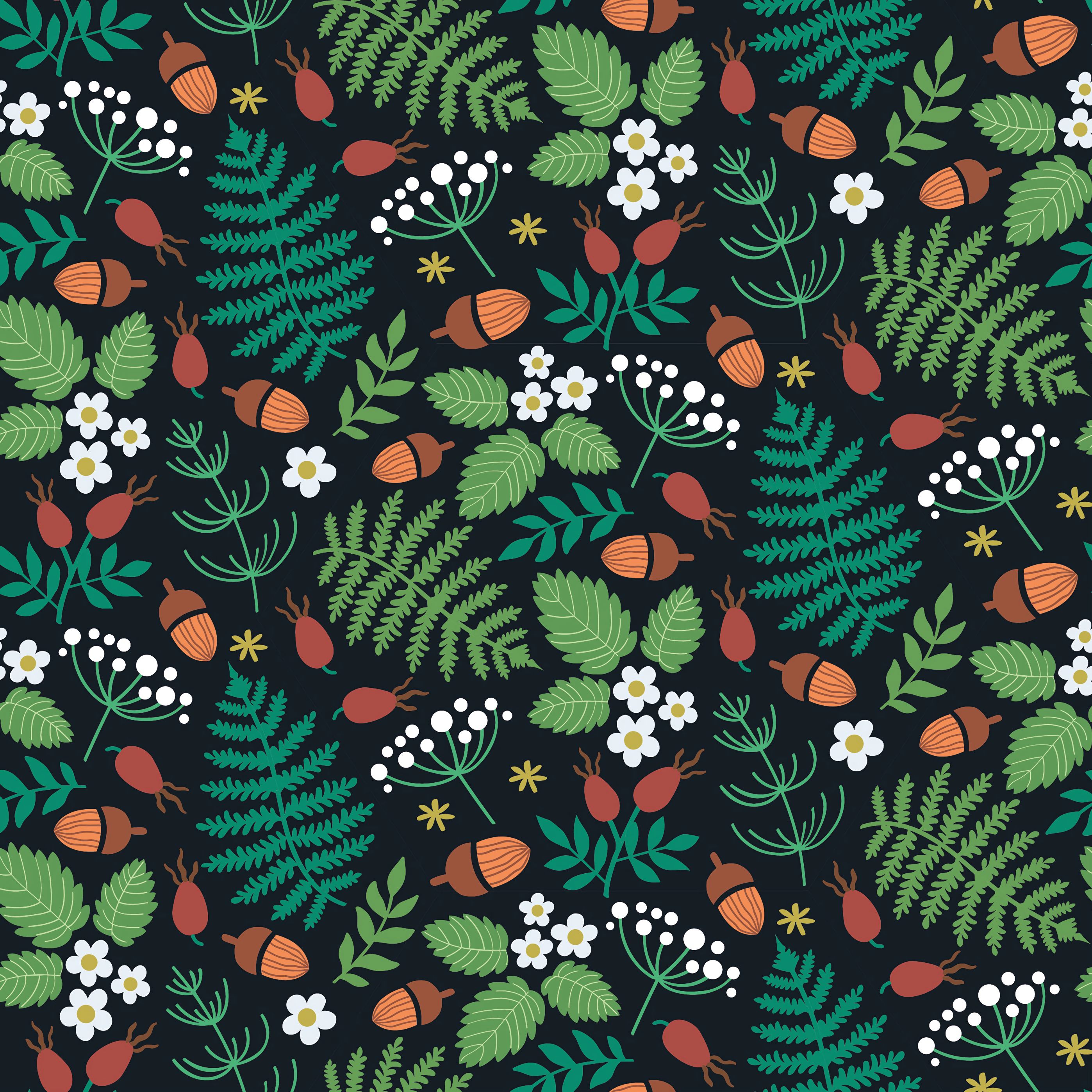 forest, texture, textures, leaves, acorns, berries, wild strawberries, strawberry, motive, pattern phone background