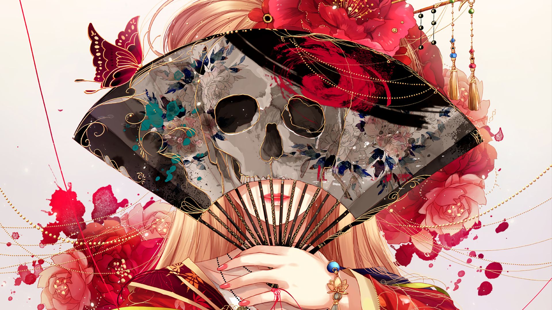 original, skull, anime, blonde, butterfly, fan, flower 1080p