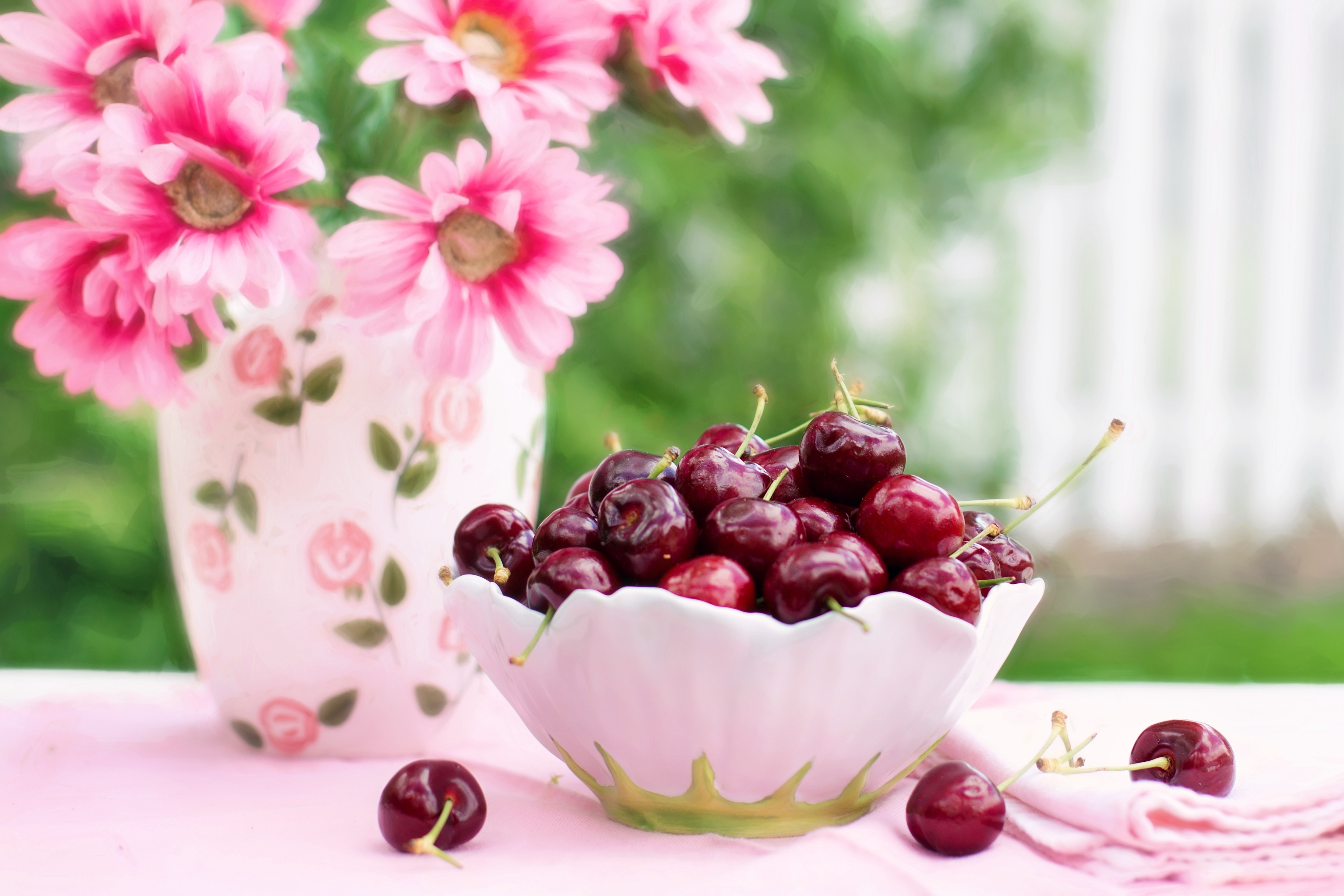 72088 download wallpaper food, flowers, sweet cherry, cherry, dish screensavers and pictures for free