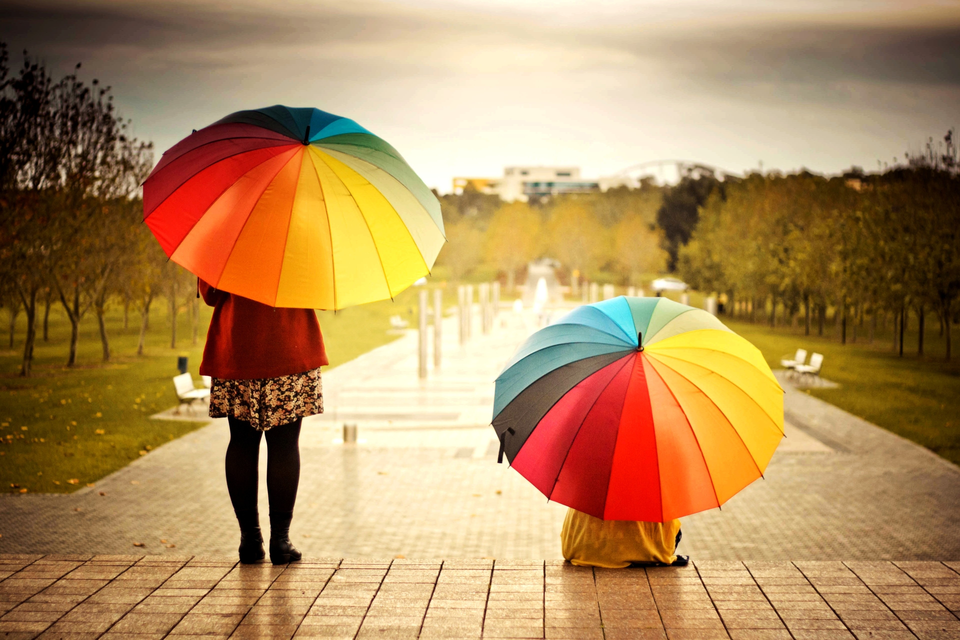 children, rainbow, miscellanea, miscellaneous, multicolored, iridescent, mood, bad weather, umbrellas UHD