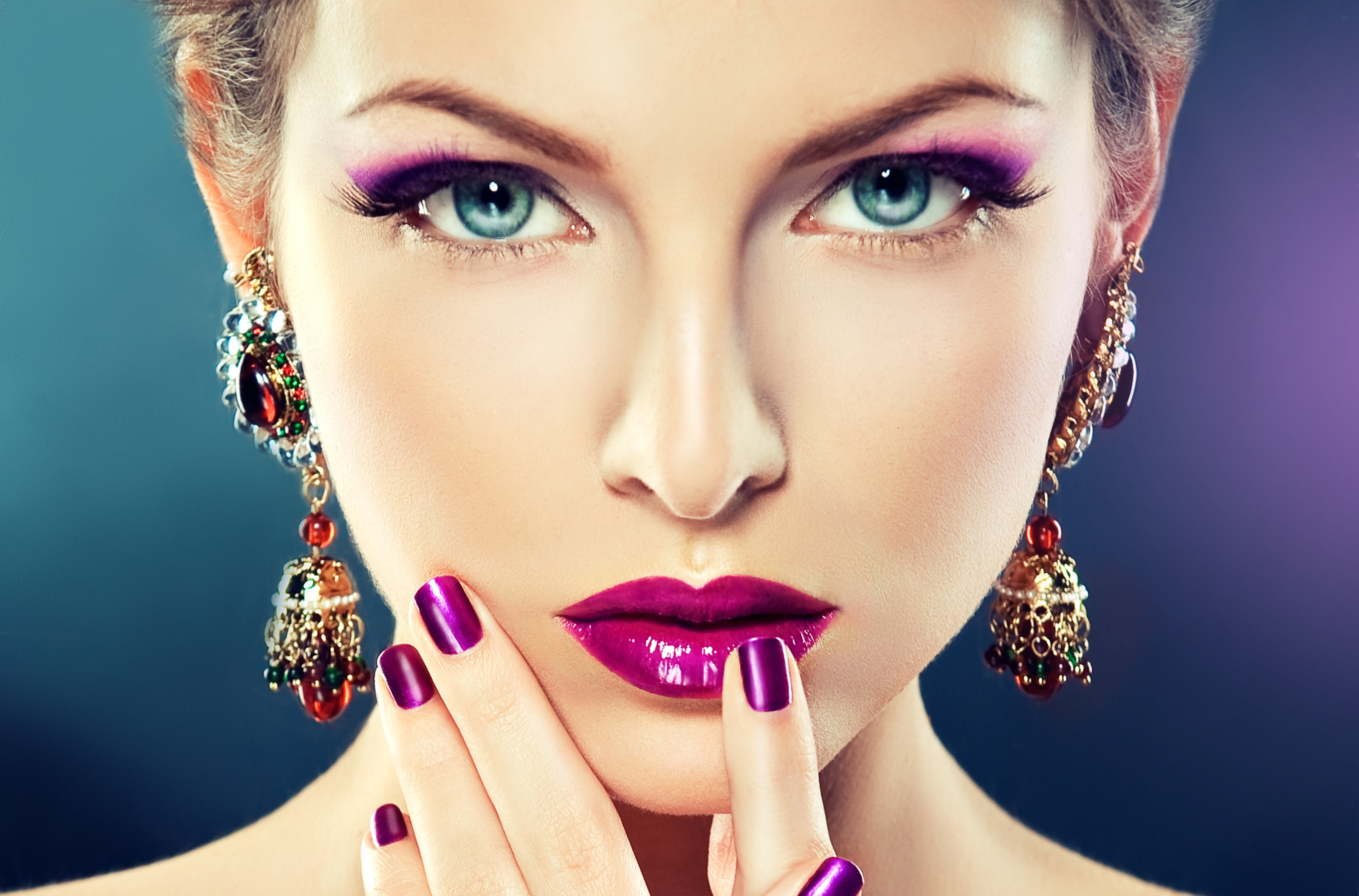 face, close up, lipstick, women, blue eyes, earrings, jewelry, makeup 8K