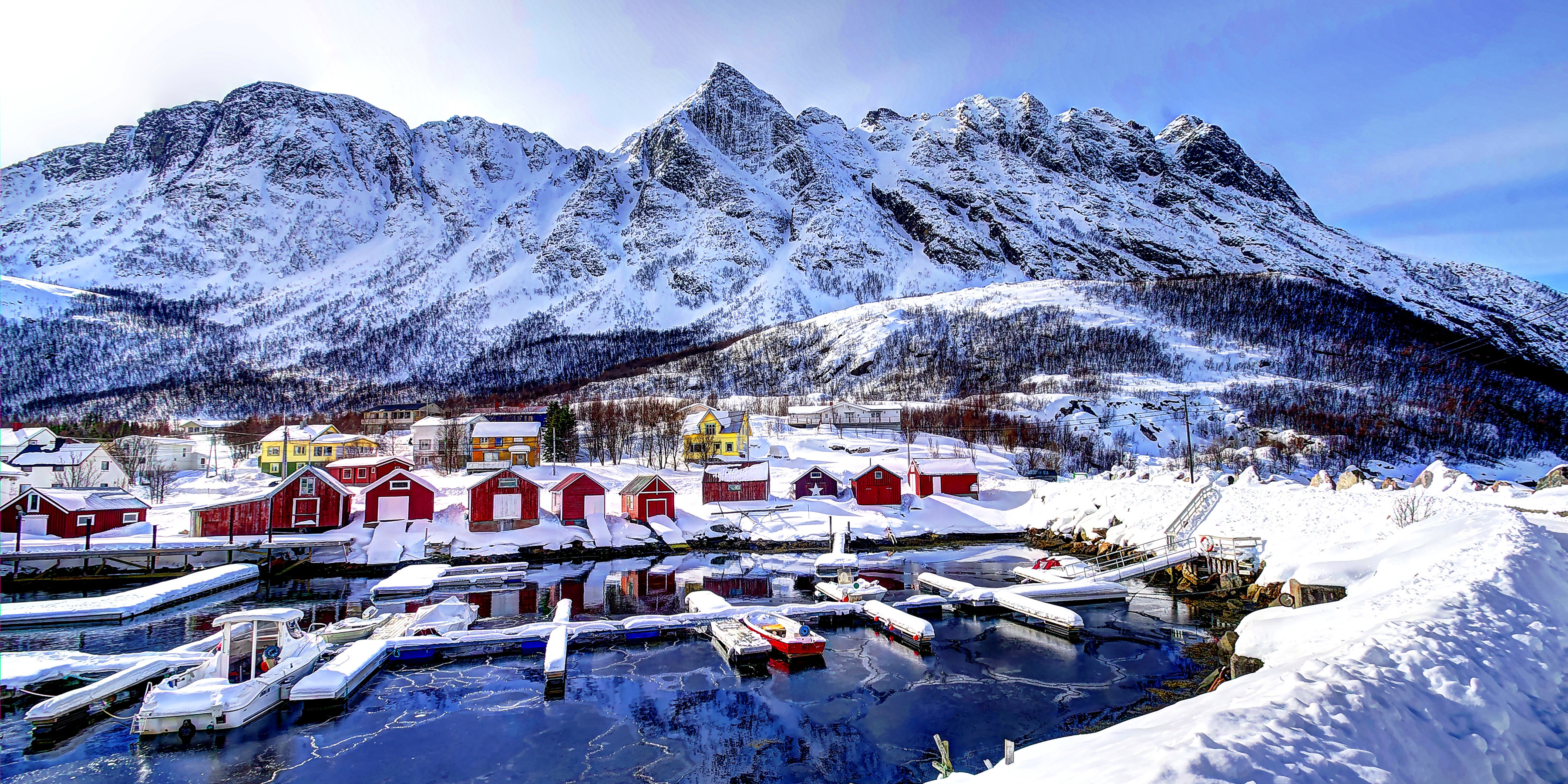 mountains, norway, cities, winter, snow, building, bay HD wallpaper