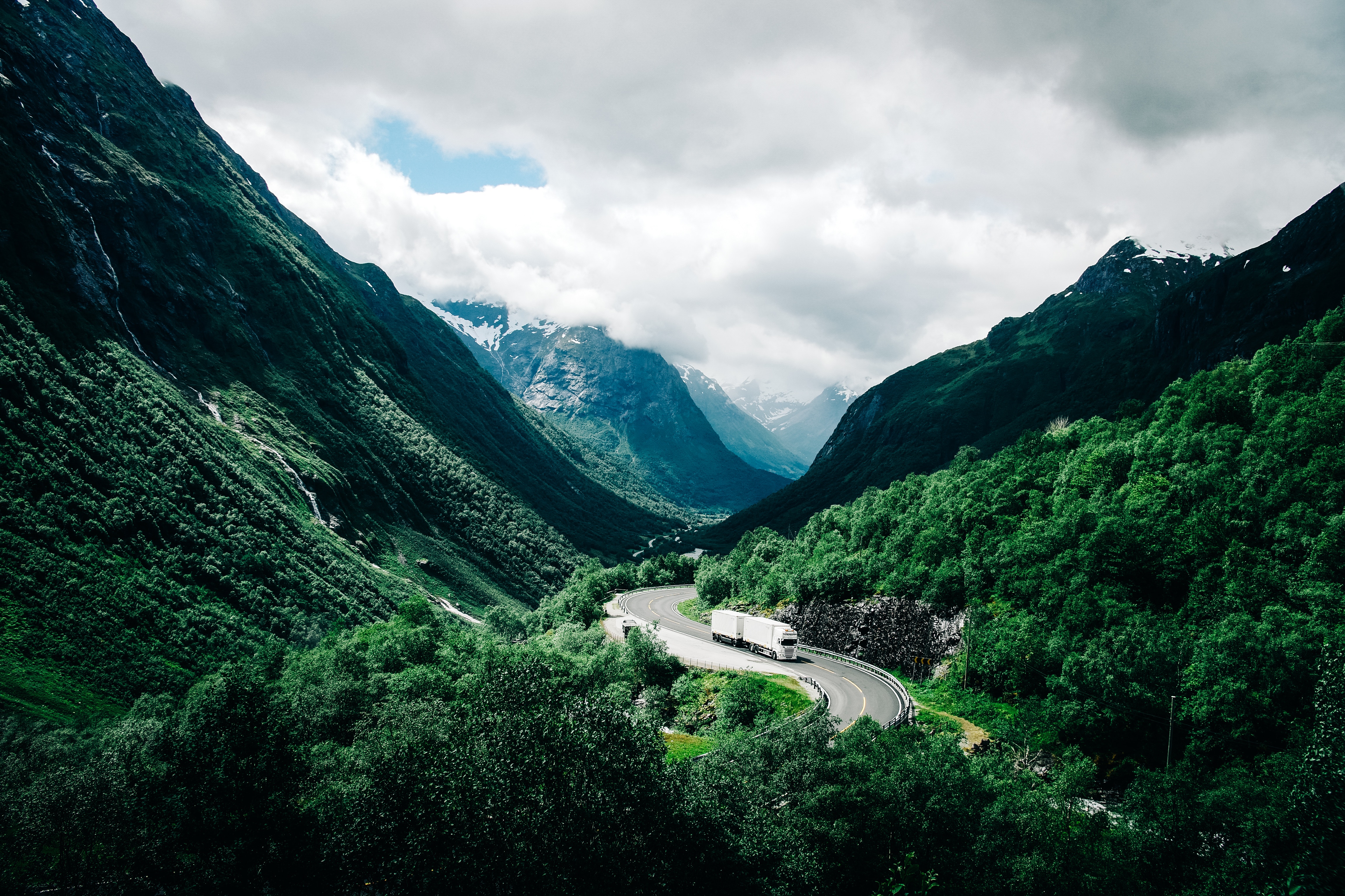 clouds, mountains, nature, road, car, norway
