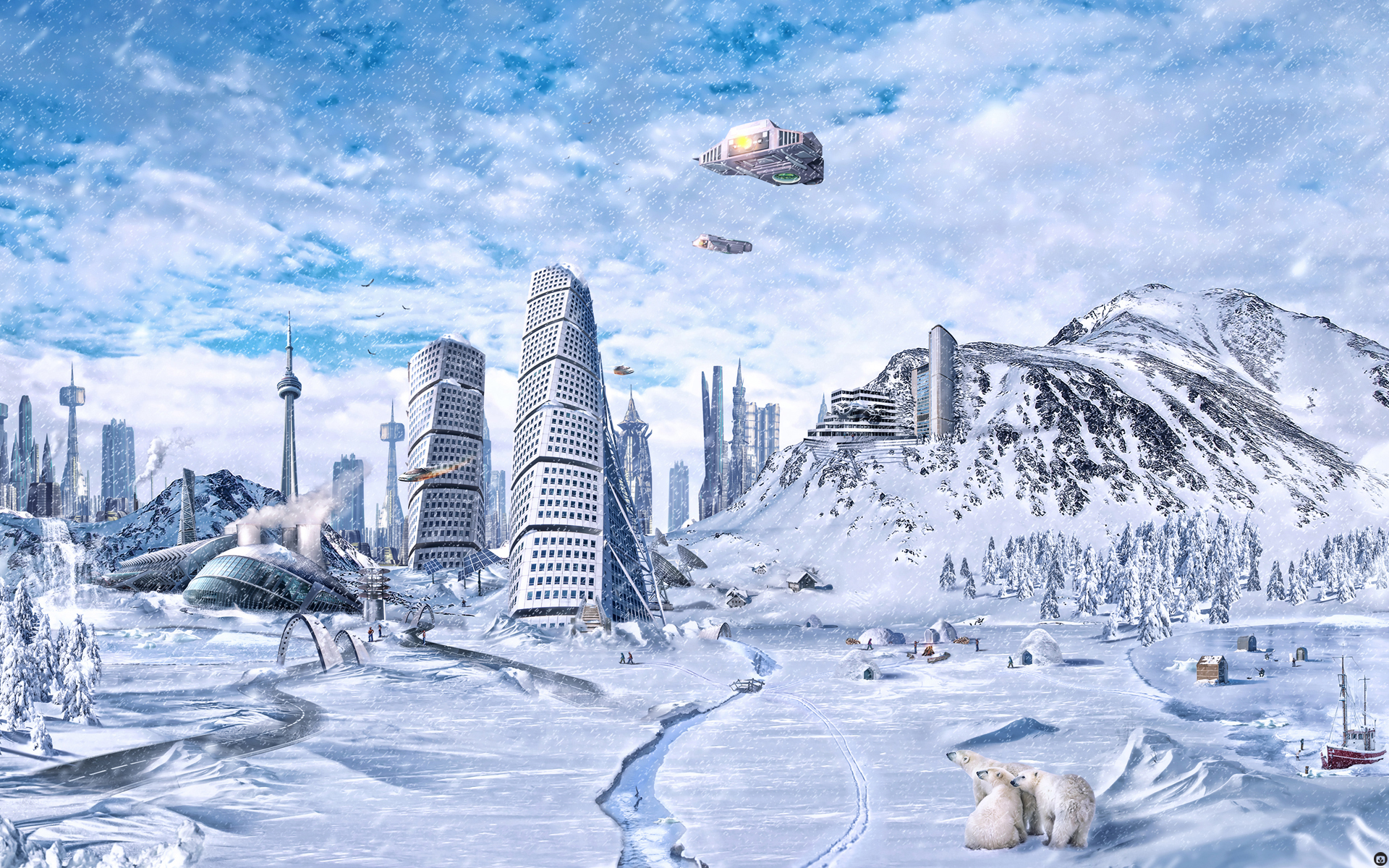 fantasy, landscape, cities, snow, blue Smartphone Background
