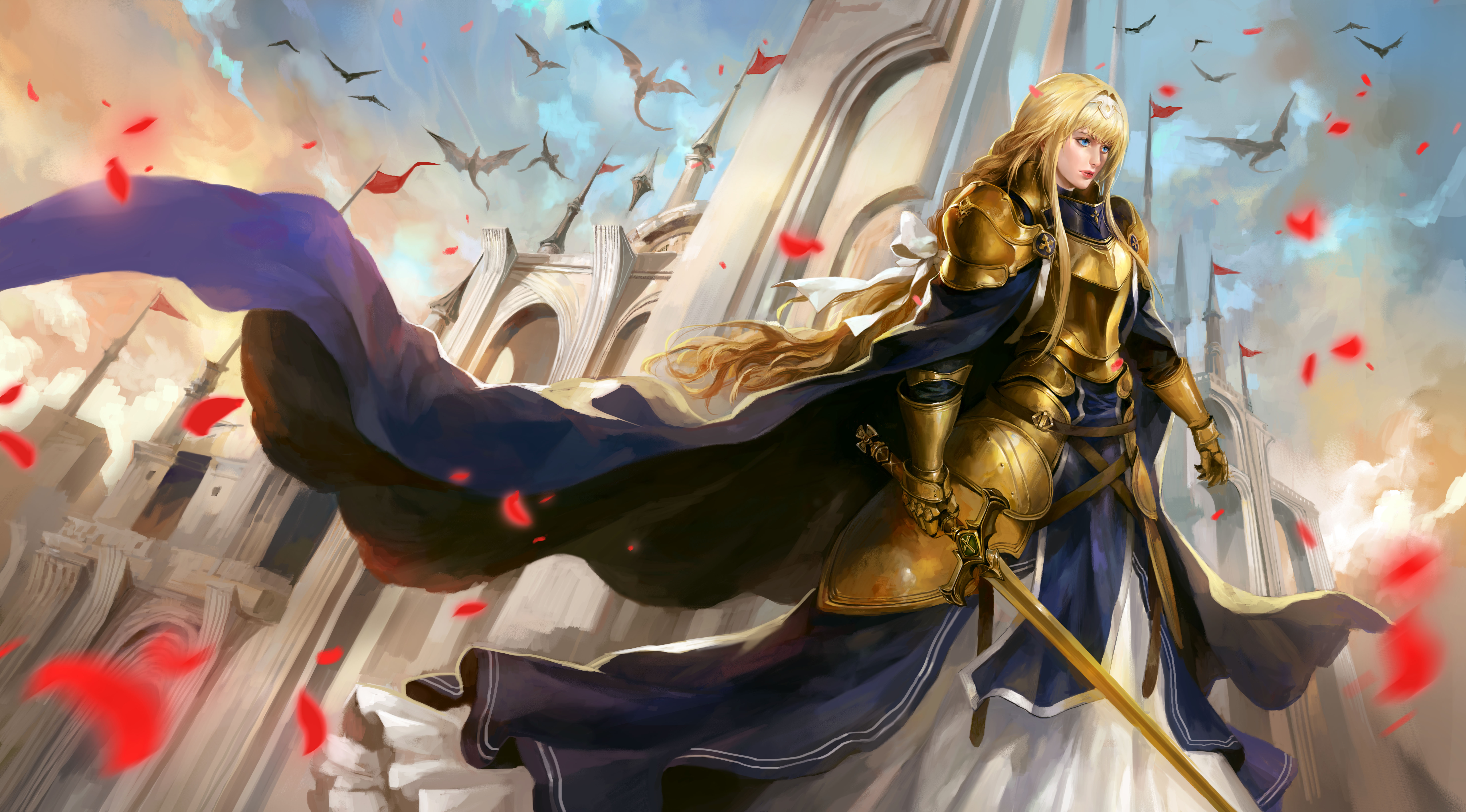 anime girl with blonde hair and blue eyes with sword
